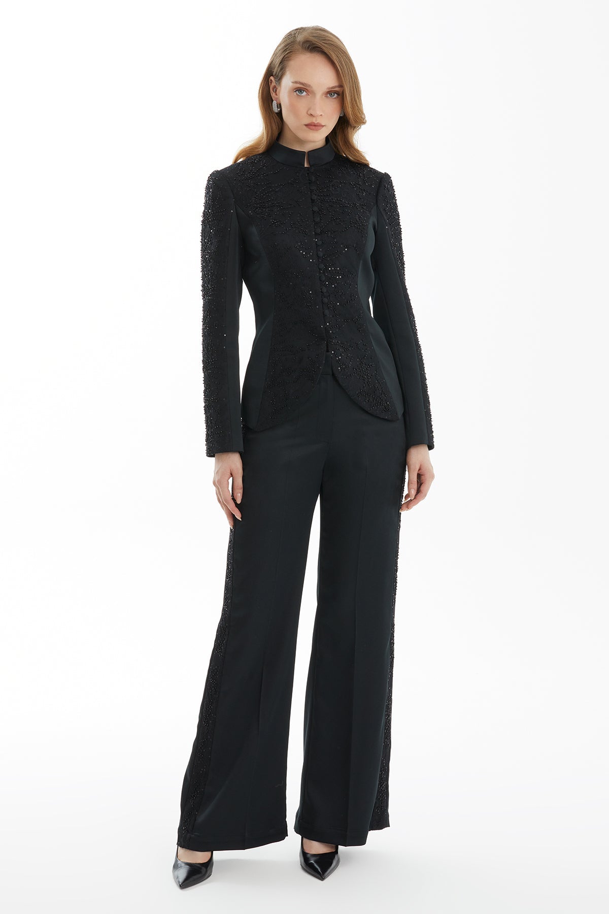 Black Lace Detail Jacket and Trouser Set
