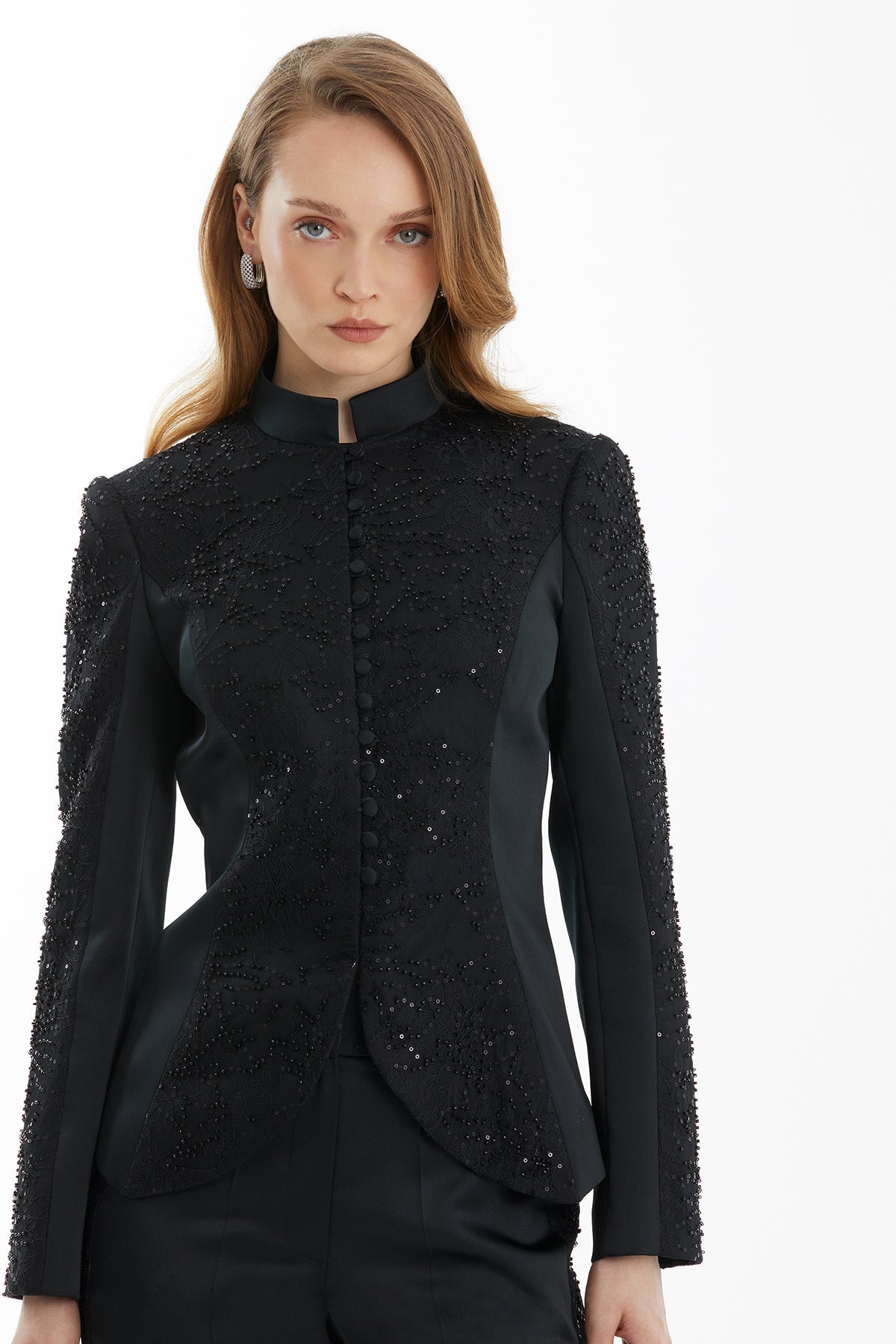 Black Lace Detail Jacket and Trouser Set