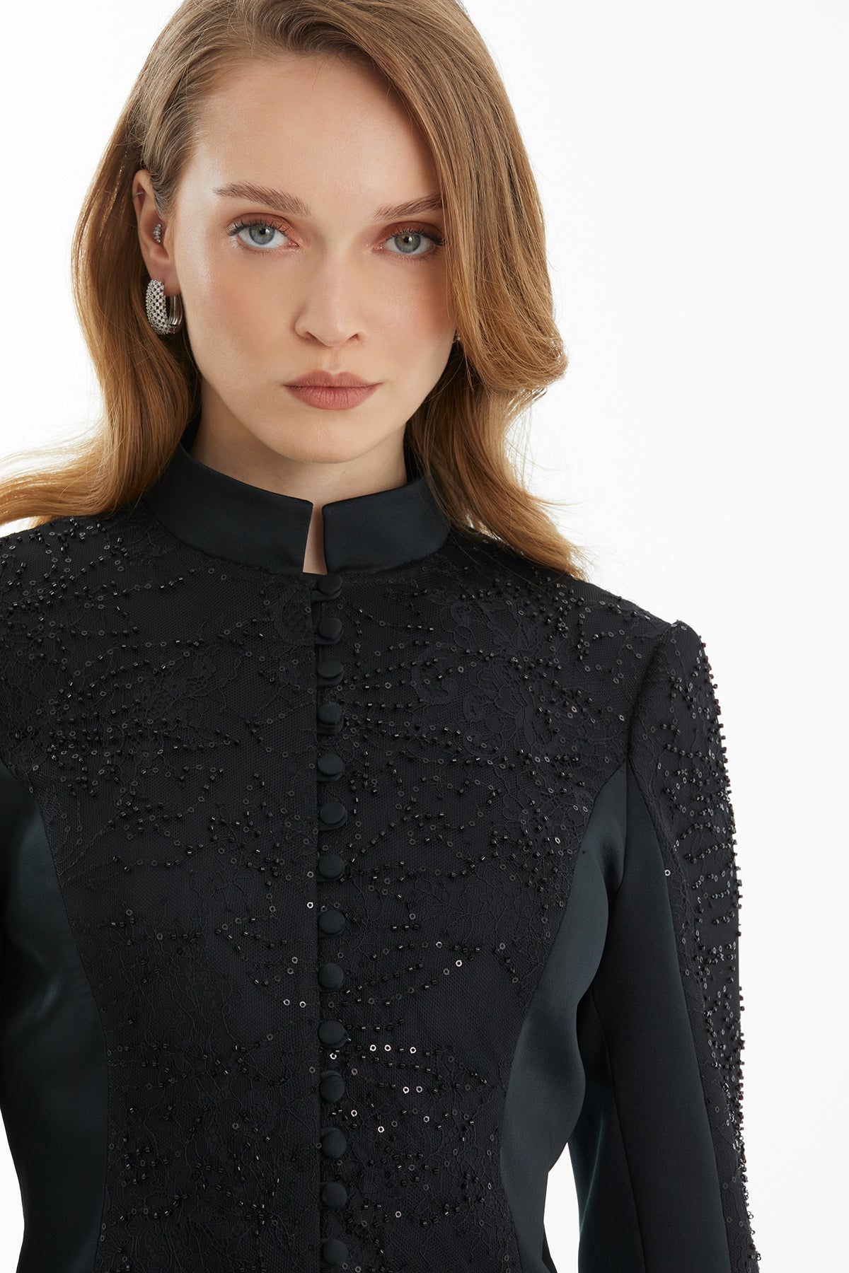 Black Lace Detail Jacket and Trouser Set