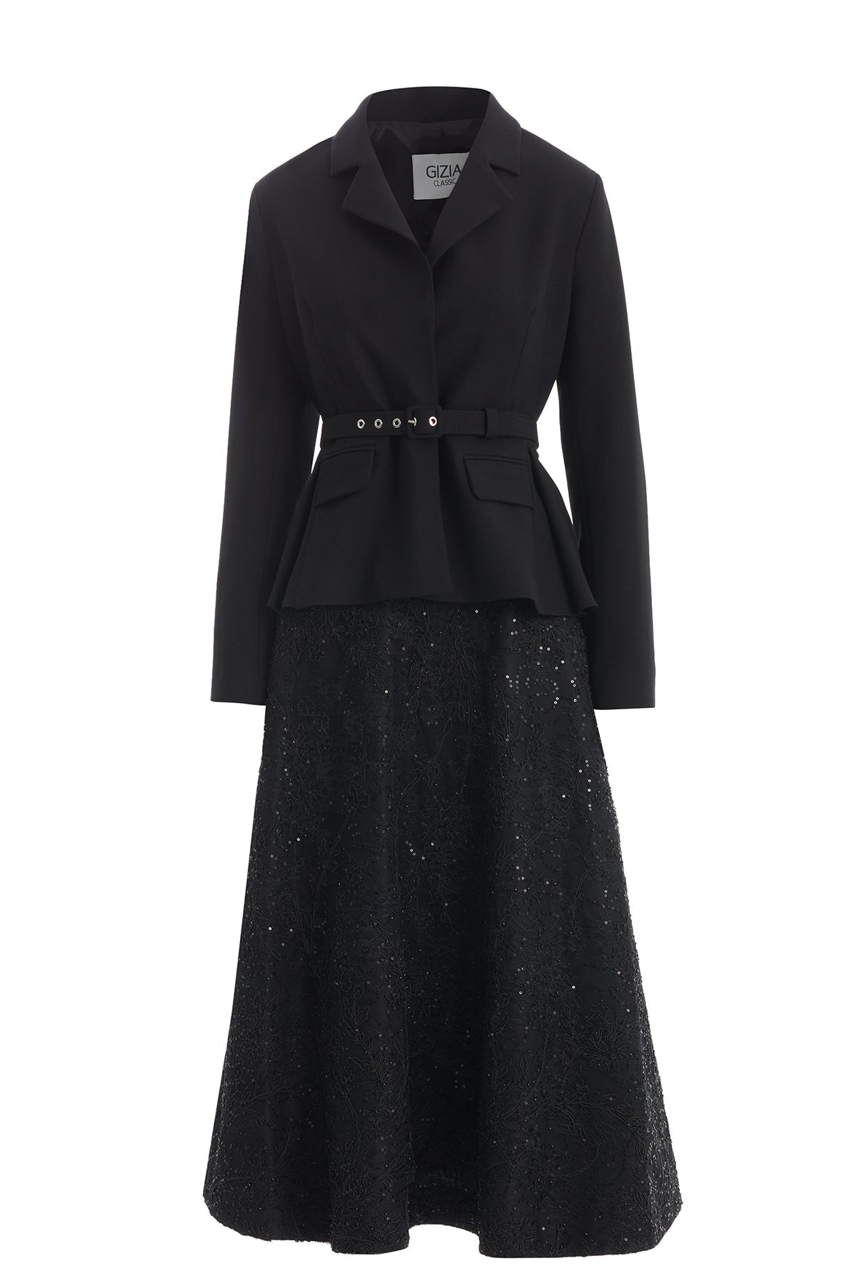 Black Belted Jacket and Lace Skirt Set
