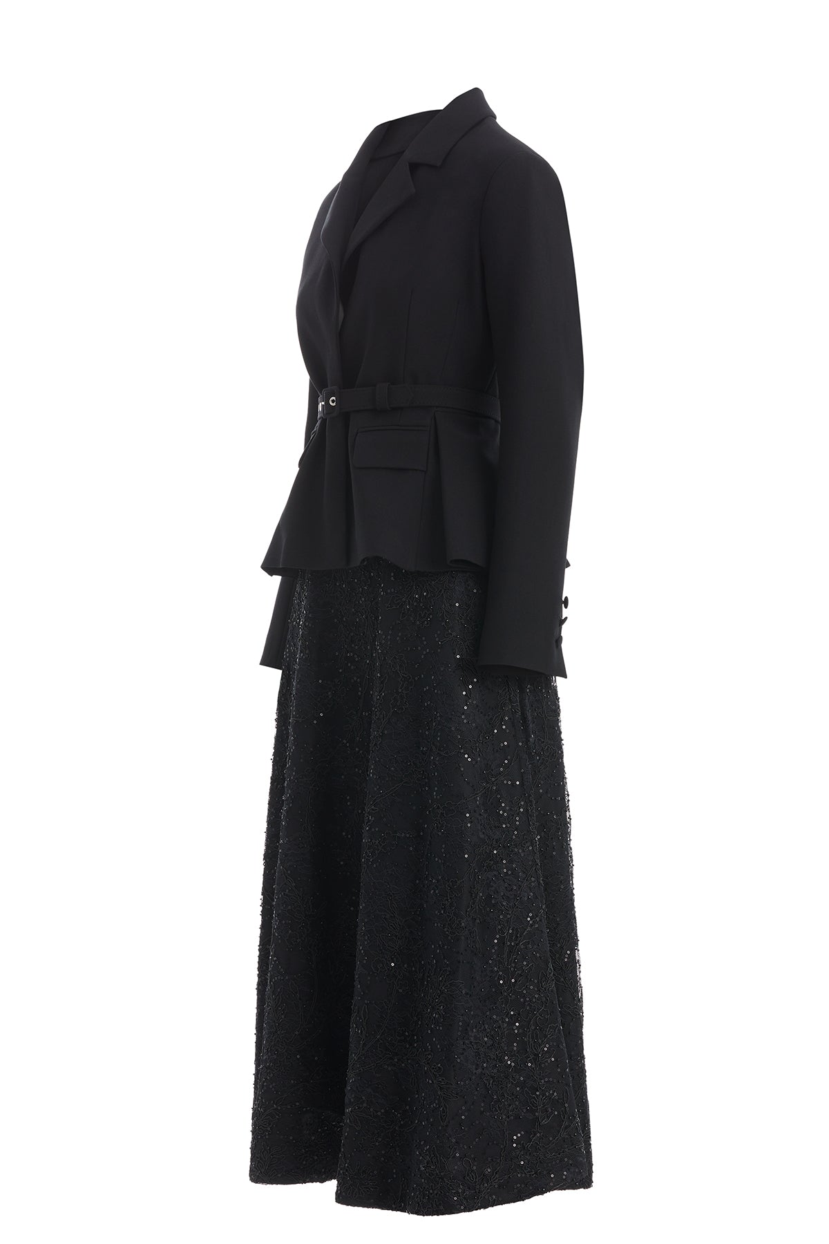 Black Belted Jacket and Lace Skirt Set