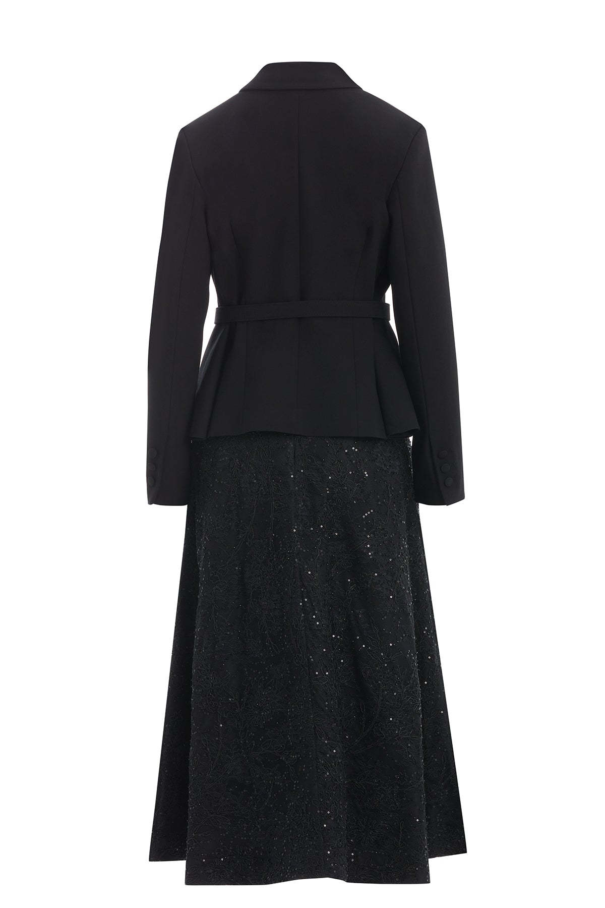 Black Belted Jacket and Lace Skirt Set