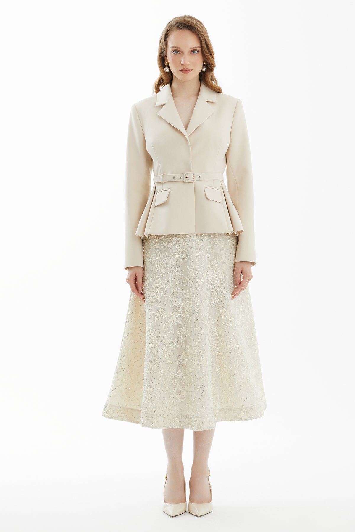 Beige Belted Jacket and Lace Skirt Set