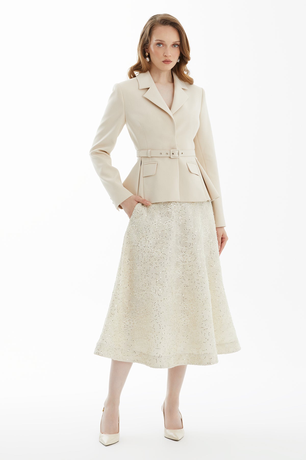 Beige Belted Jacket and Lace Skirt Set