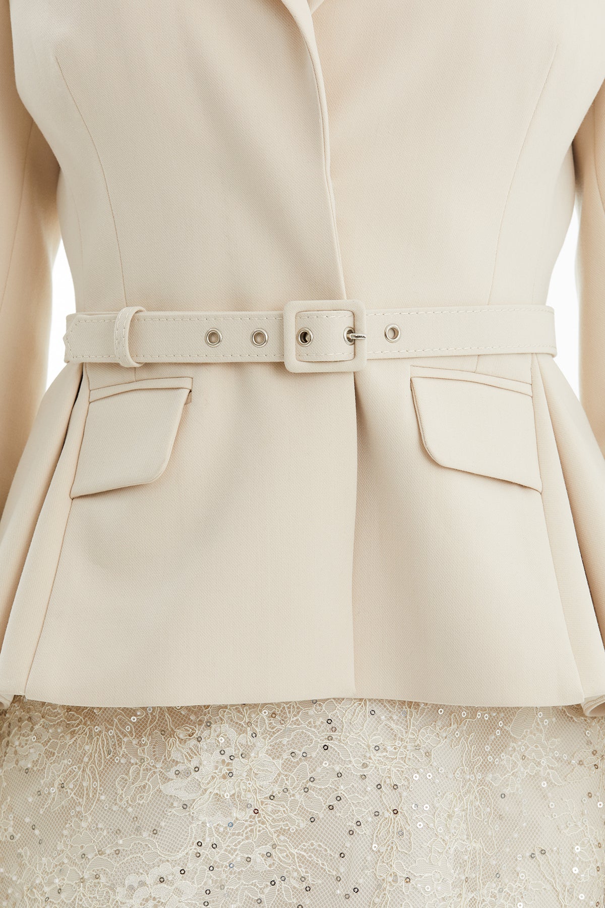 Beige Belted Jacket and Lace Skirt Set