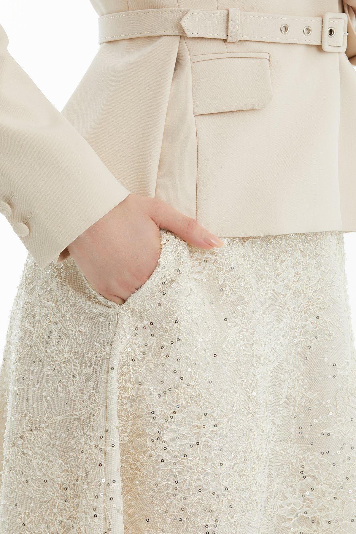 Beige Belted Jacket and Lace Skirt Set