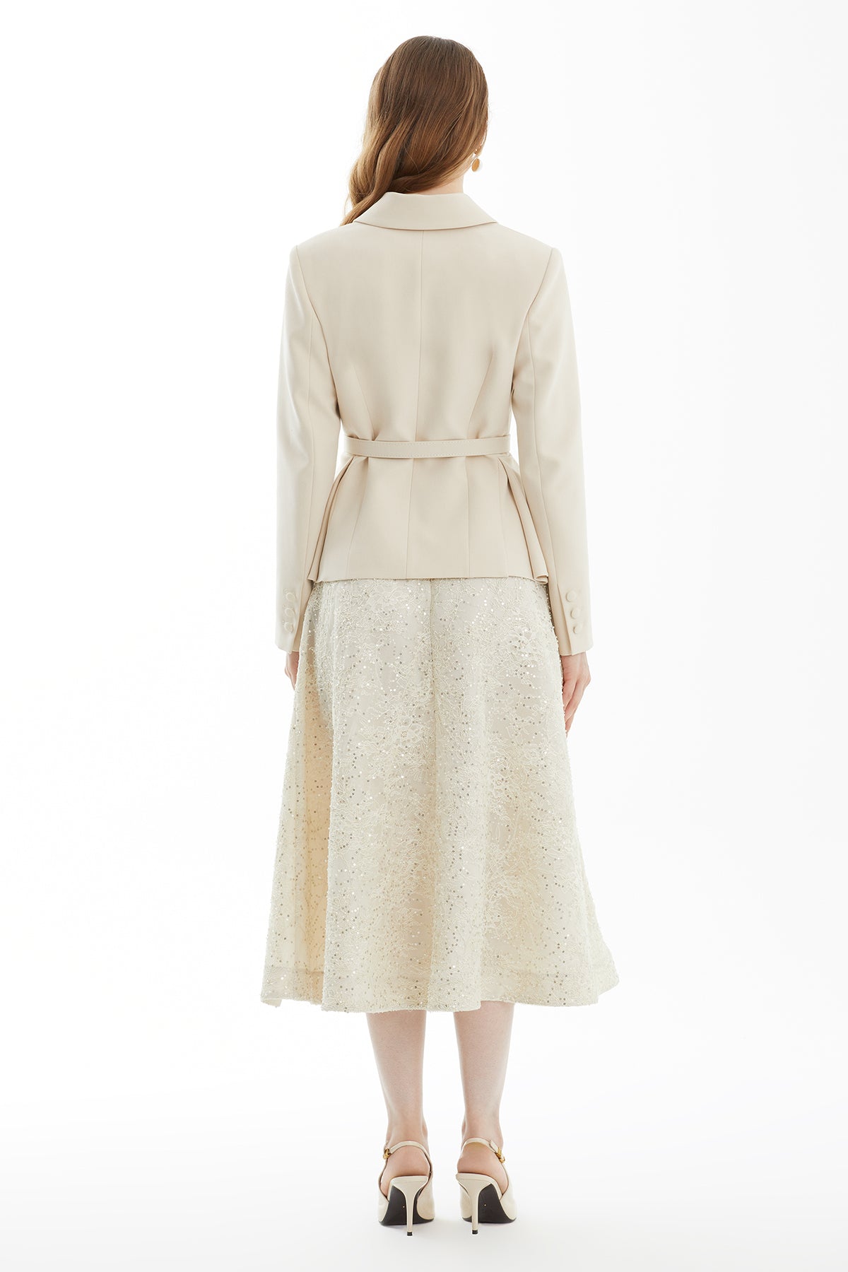 Beige Belted Jacket and Lace Skirt Set