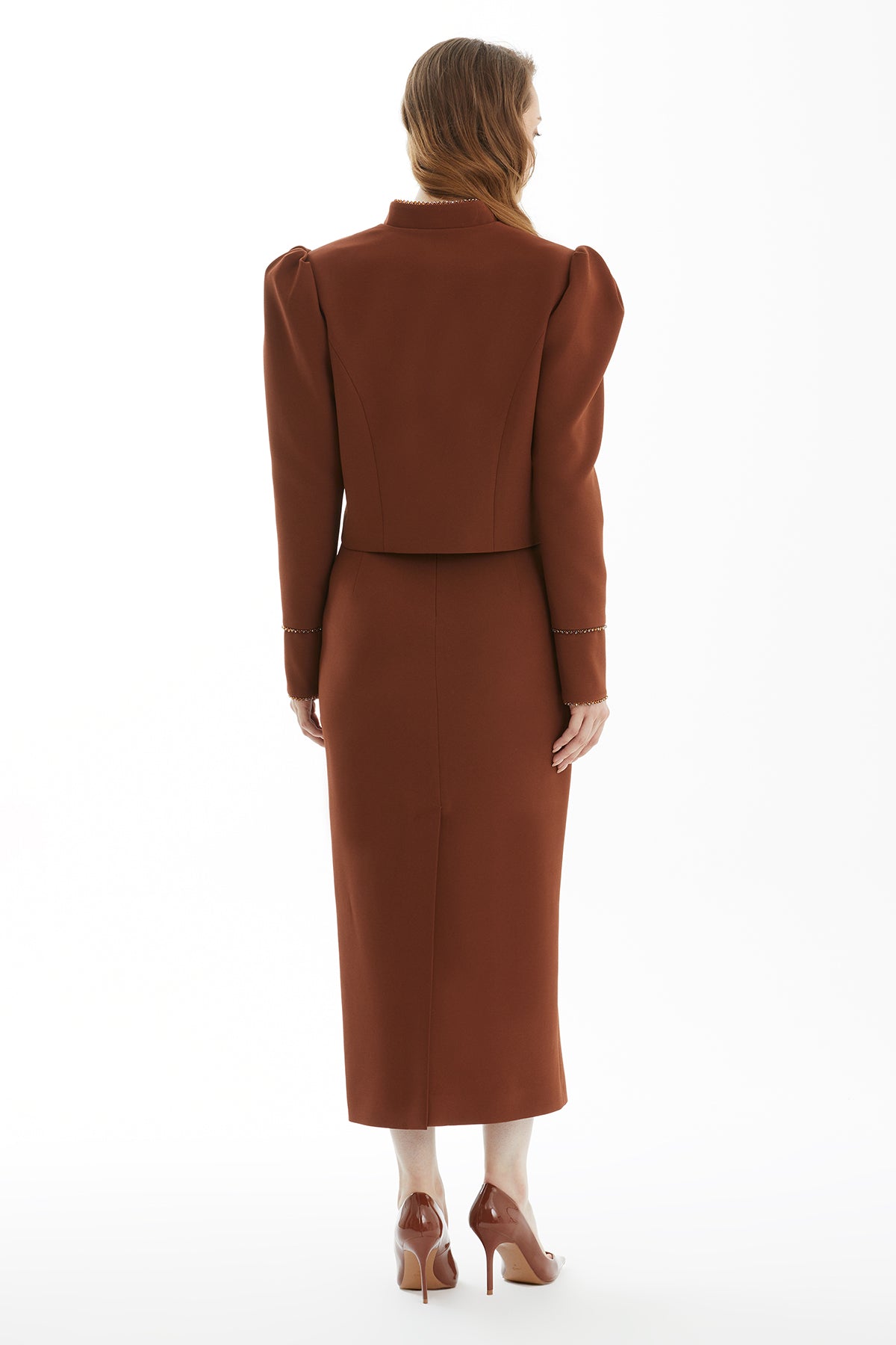 Brown Padded Shoulder Jacket and Skirt Set