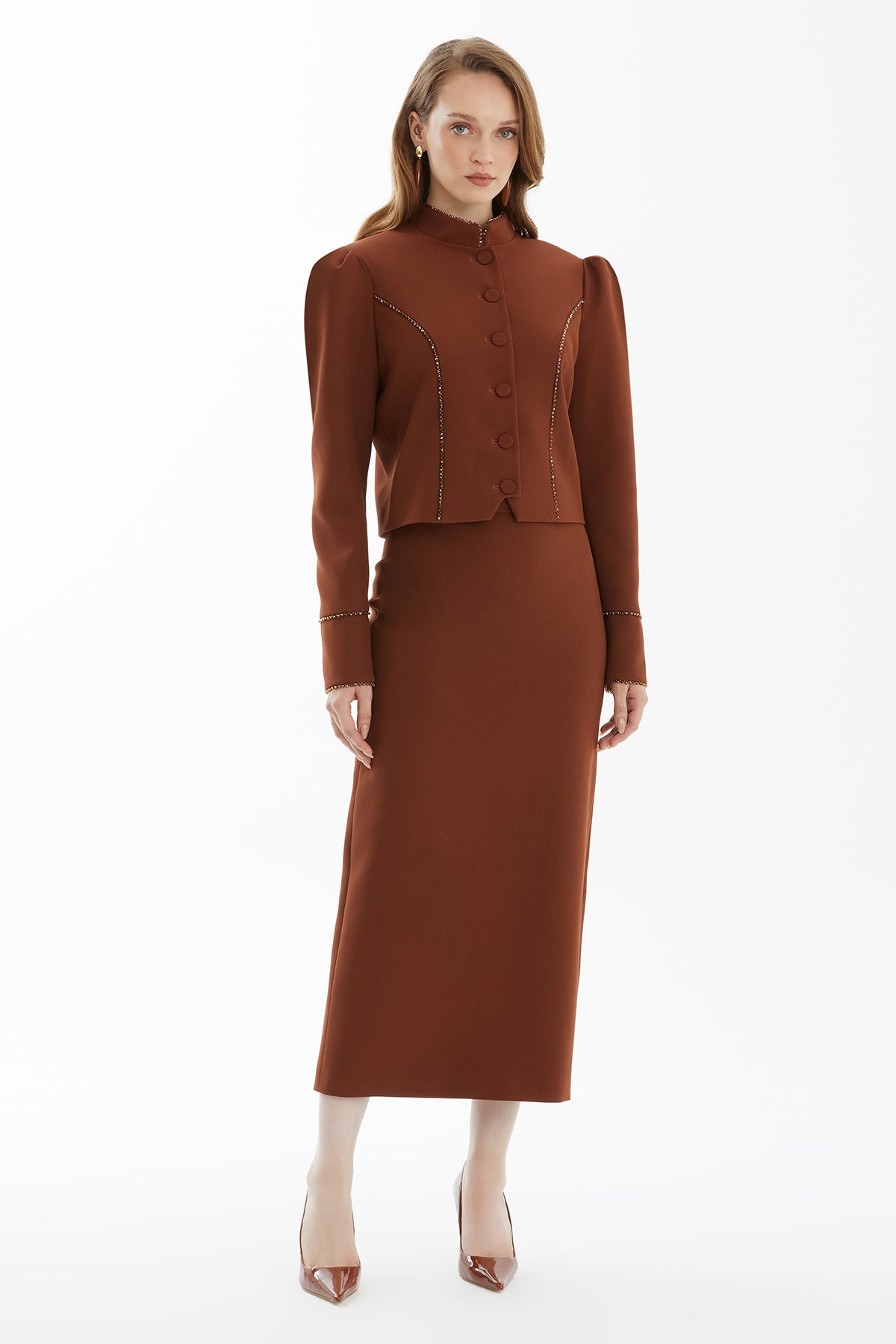 Brown Padded Shoulder Jacket and Skirt Set