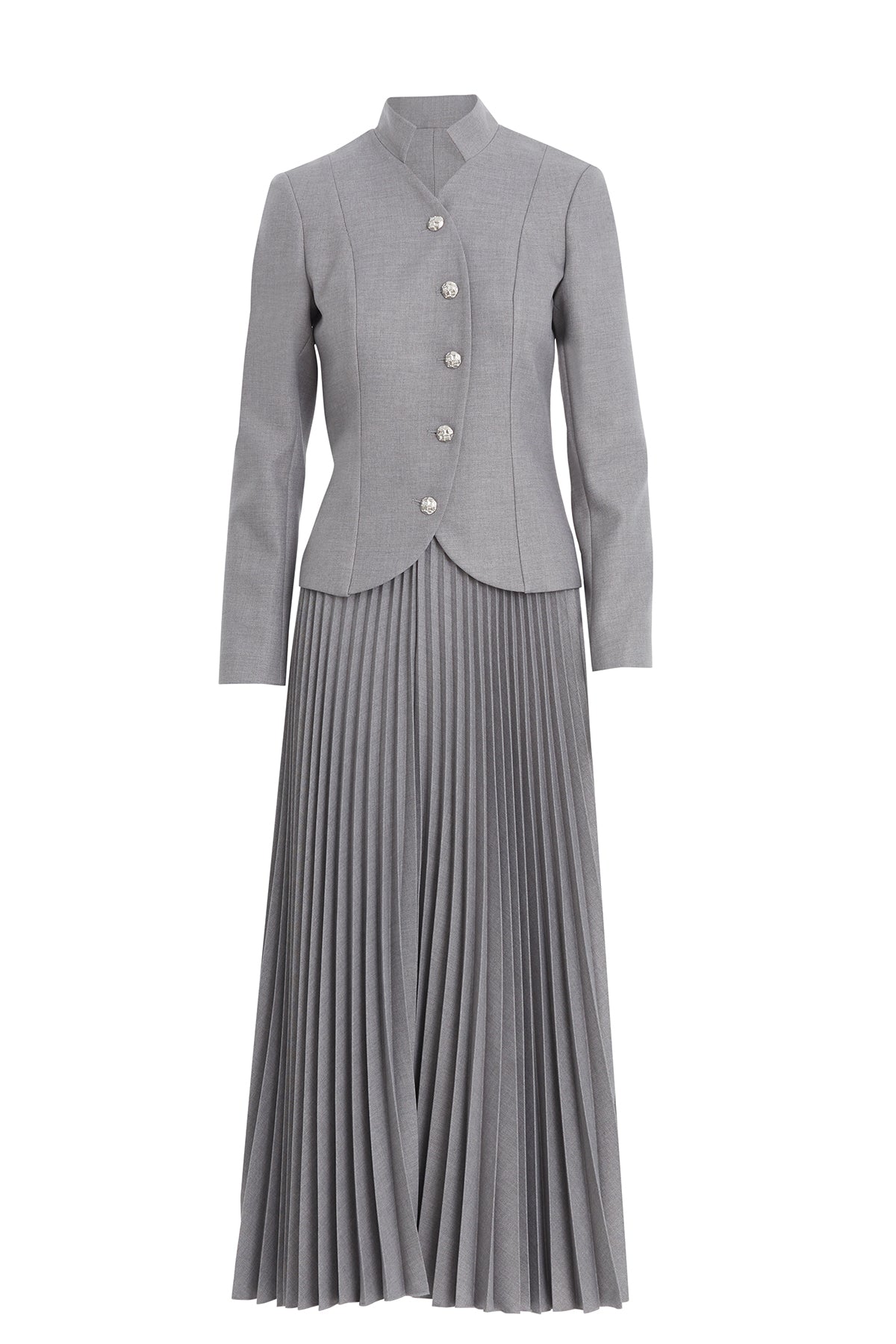 Grey Band Collar Jacket and Pleated Skirt Set