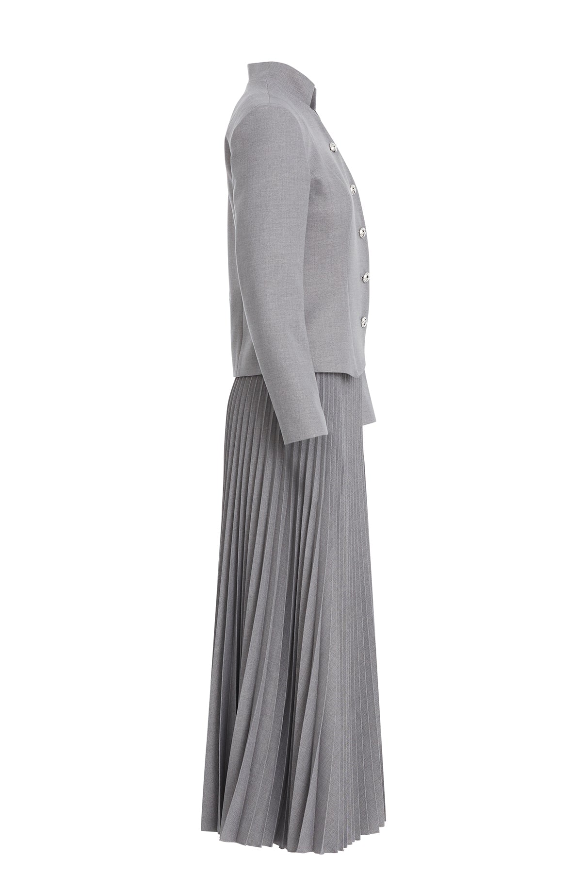 Grey Band Collar Jacket and Pleated Skirt Set