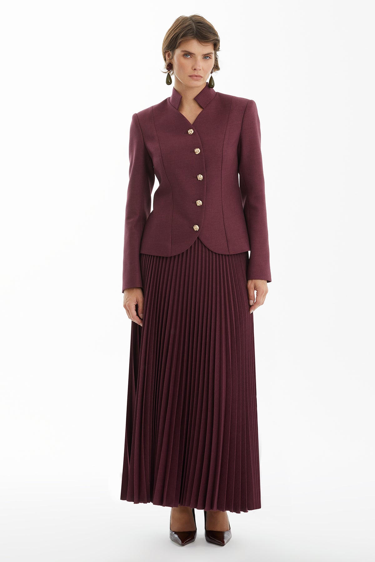 Purple Band Collar Jacket and Pleated Skirt Set