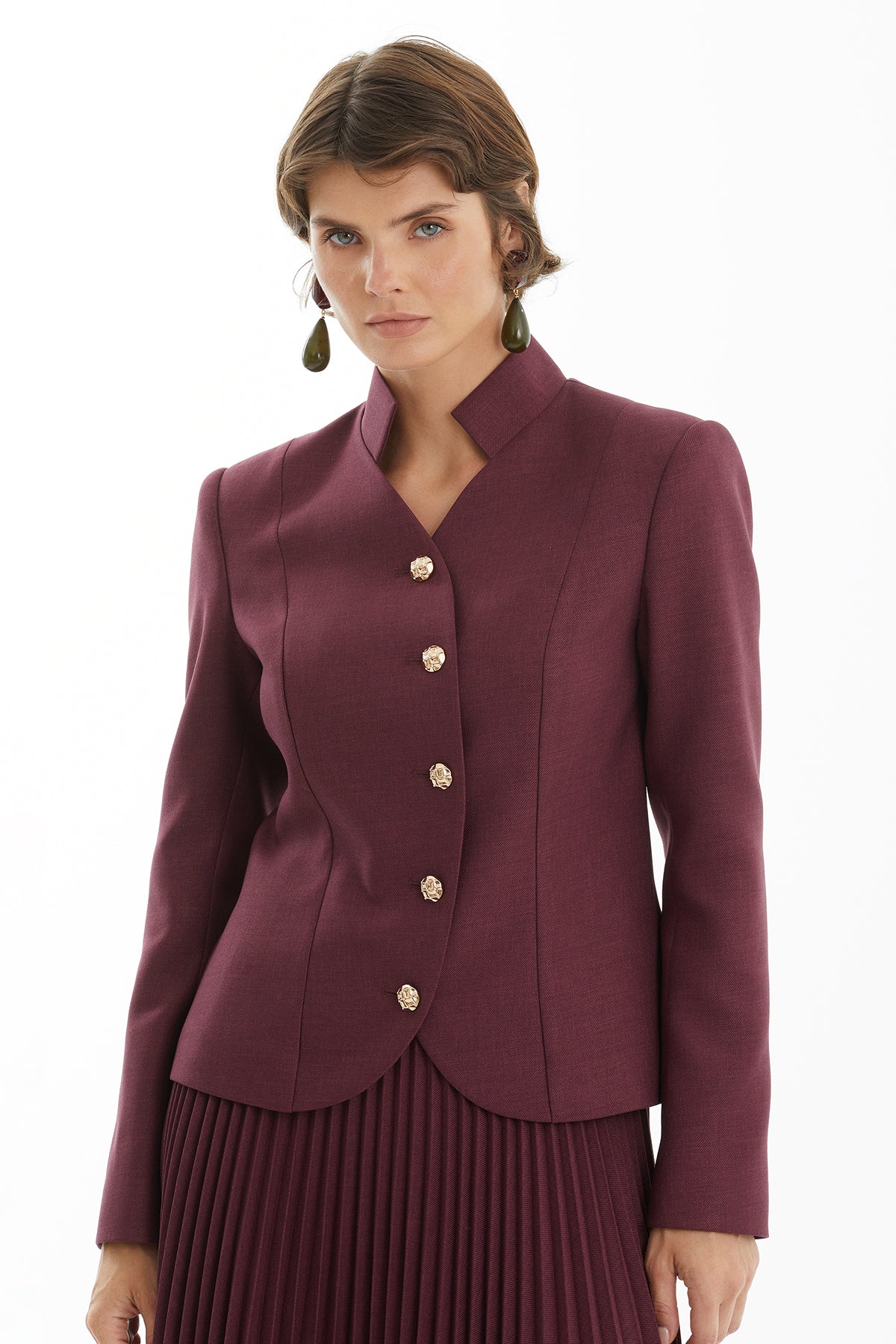Purple Band Collar Jacket and Pleated Skirt Set