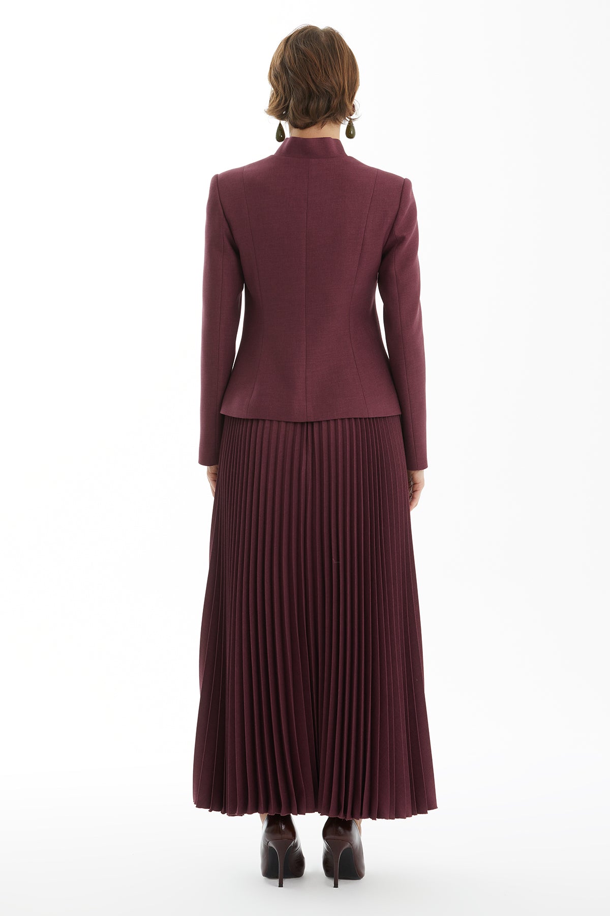 Purple Band Collar Jacket and Pleated Skirt Set