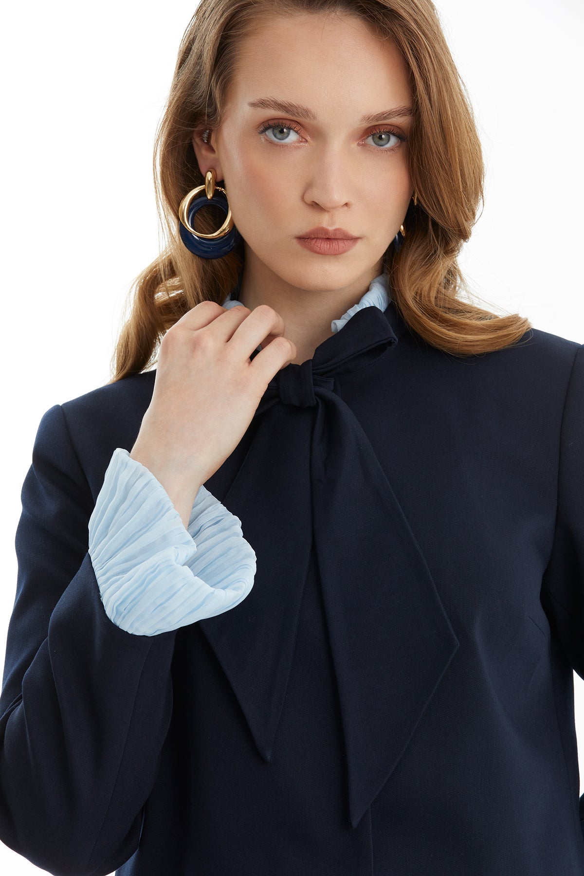 Blue Tie Detail Jacket and Skirt Set