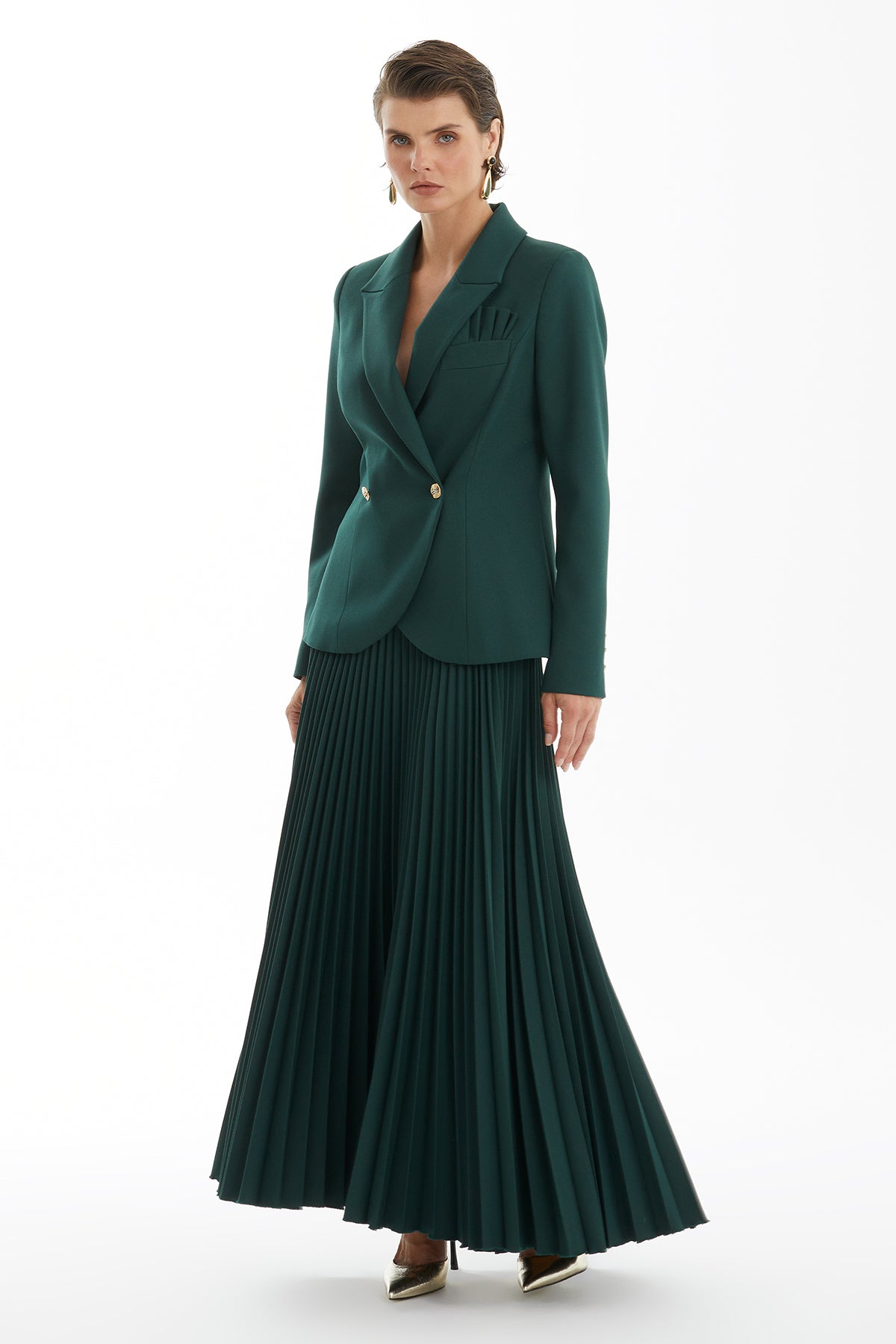 Green Pleated Skirt Set with Handkerchief Detail