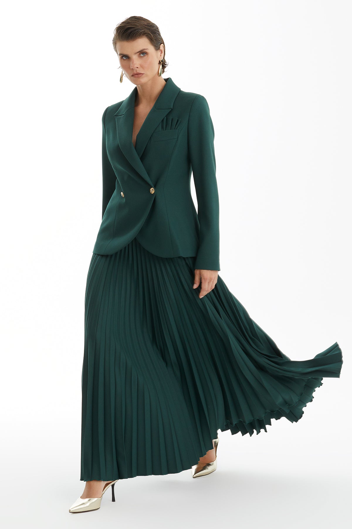Green Pleated Skirt Set with Handkerchief Detail