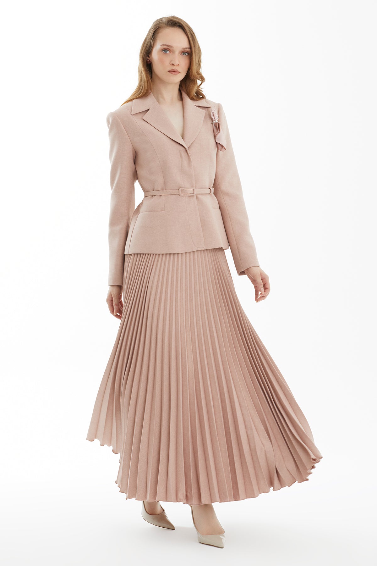 Pink Skirt Set with Handkerchief Brooch Detail