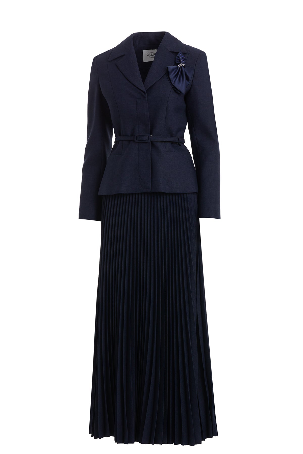 Dark Navy Skirt Set with Handkerchief Brooch Detail