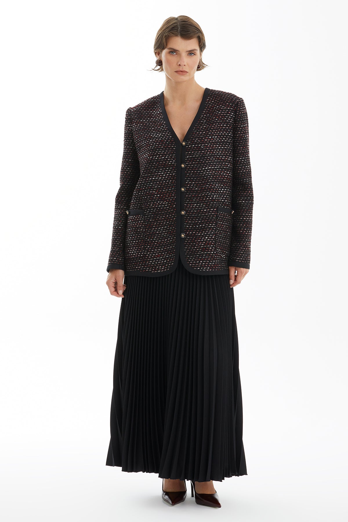Black Jacket and Long Pleated Skirt Set