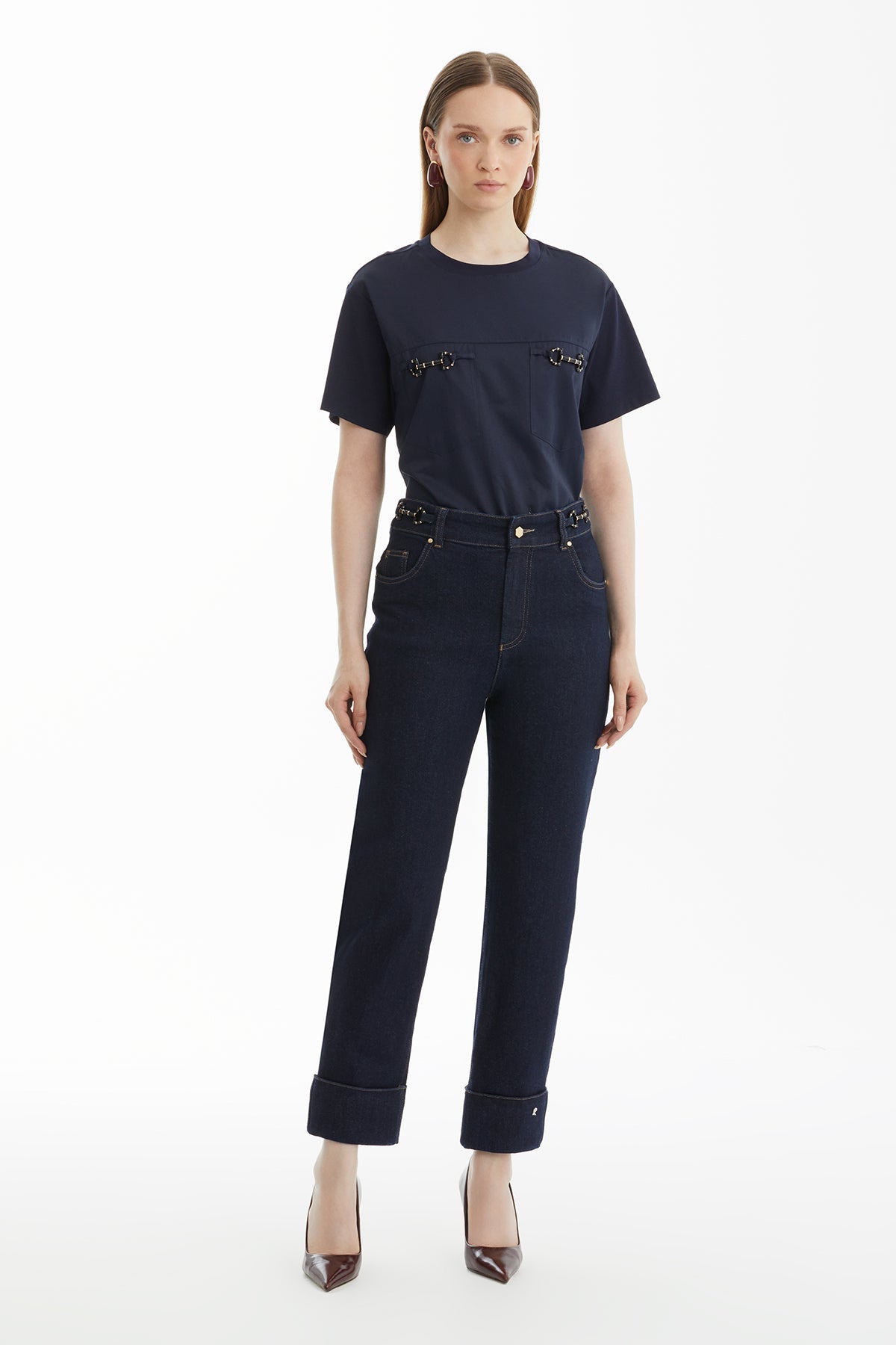 Dark Navy Elastic Waist Jeans with Double Hem Detail