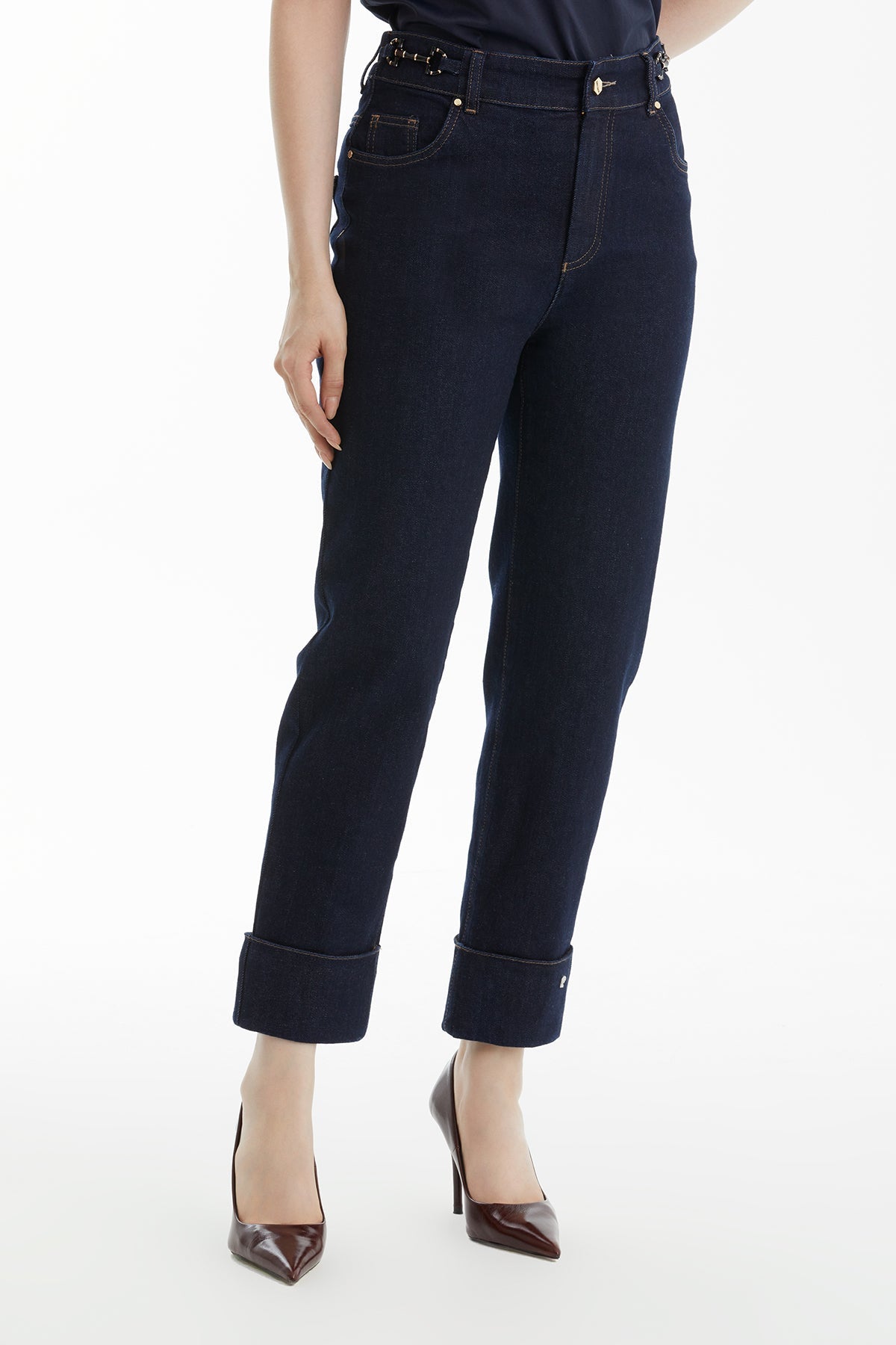 Dark Navy Elastic Waist Jeans with Double Hem Detail