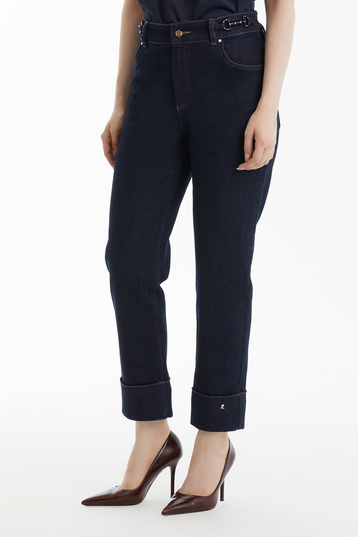 Dark Navy Elastic Waist Jeans with Double Hem Detail