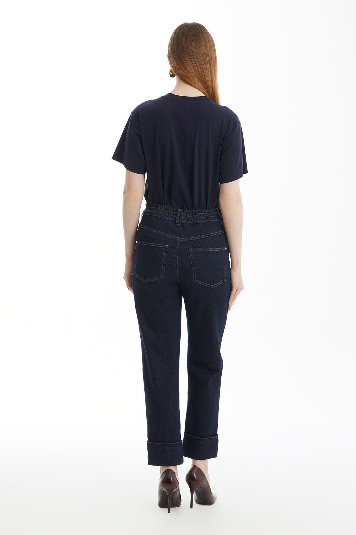 Dark Navy Elastic Waist Jeans with Double Hem Detail
