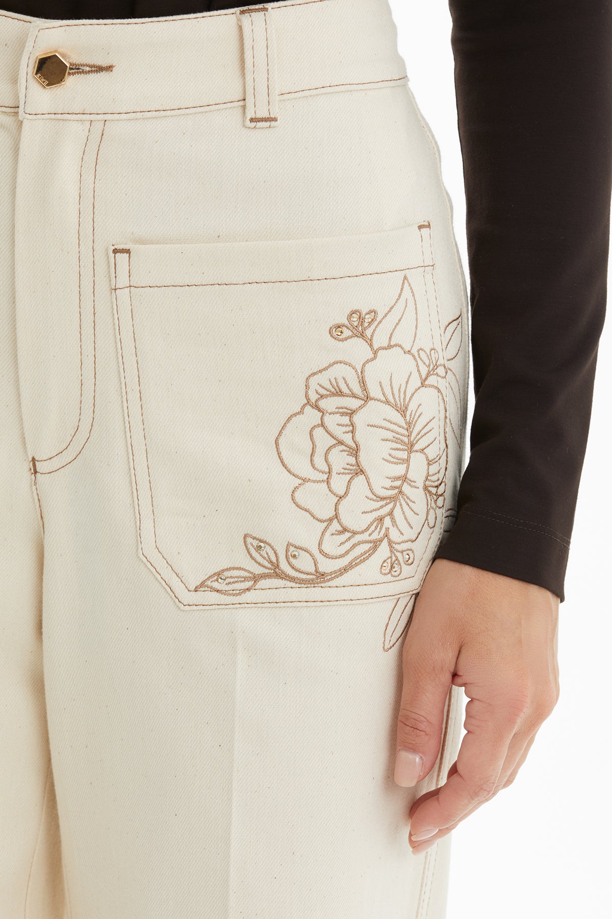 Ecru Denim Skirt with Floral Embroidery