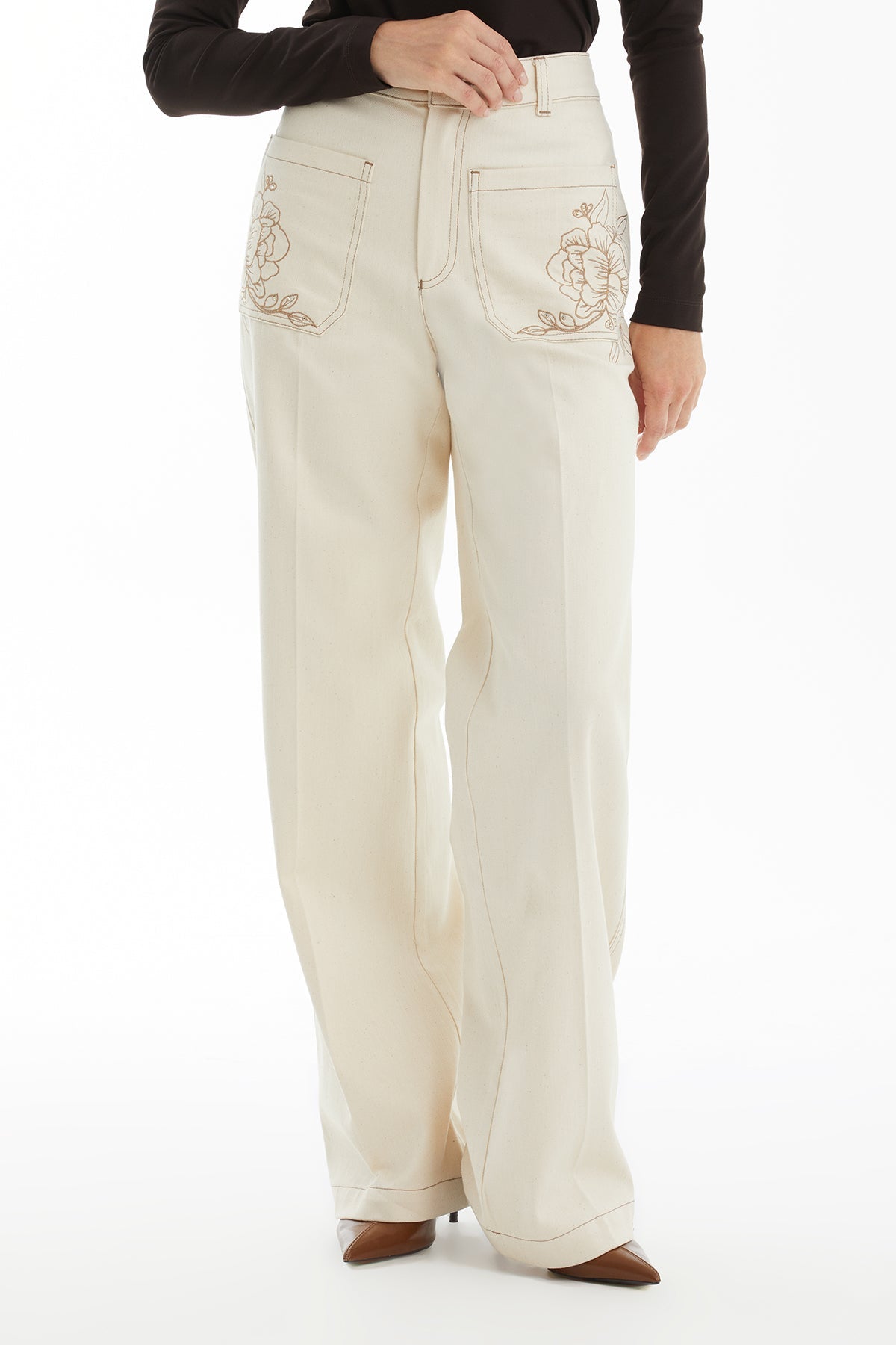 Ecru Denim Skirt with Floral Embroidery