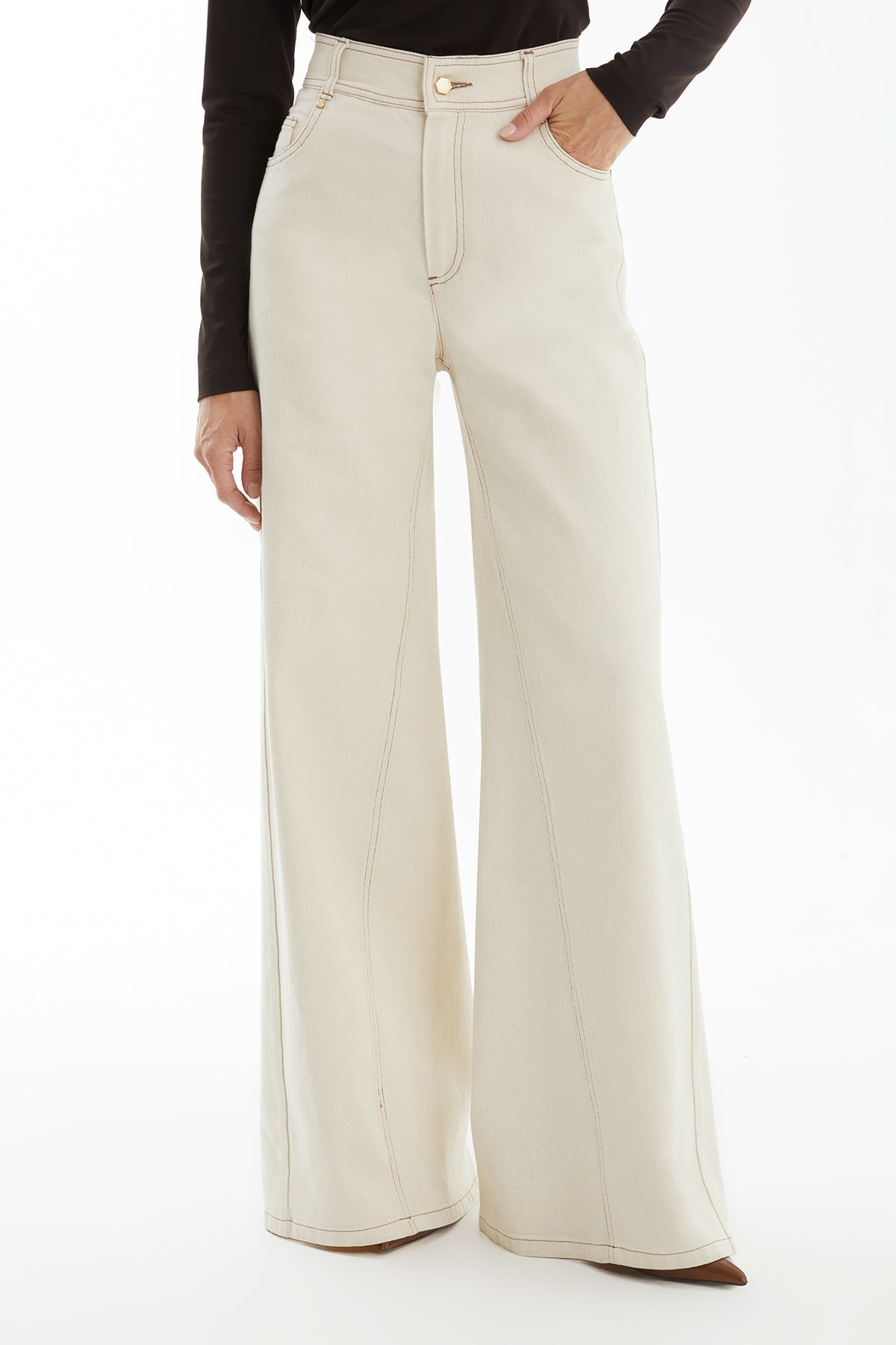 Ecru Jeans with Buckle Detail Above Pocket