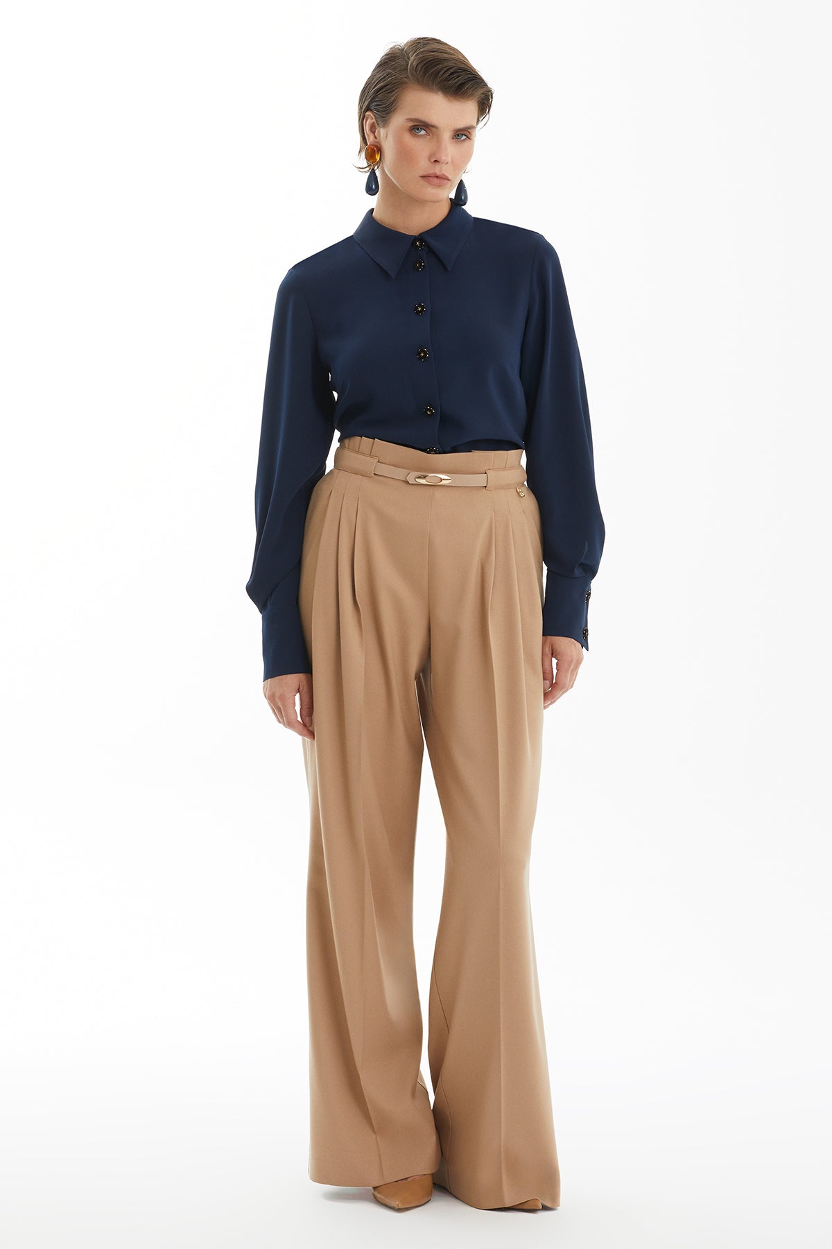 Ecru Pleated Trousers with Belt Detail