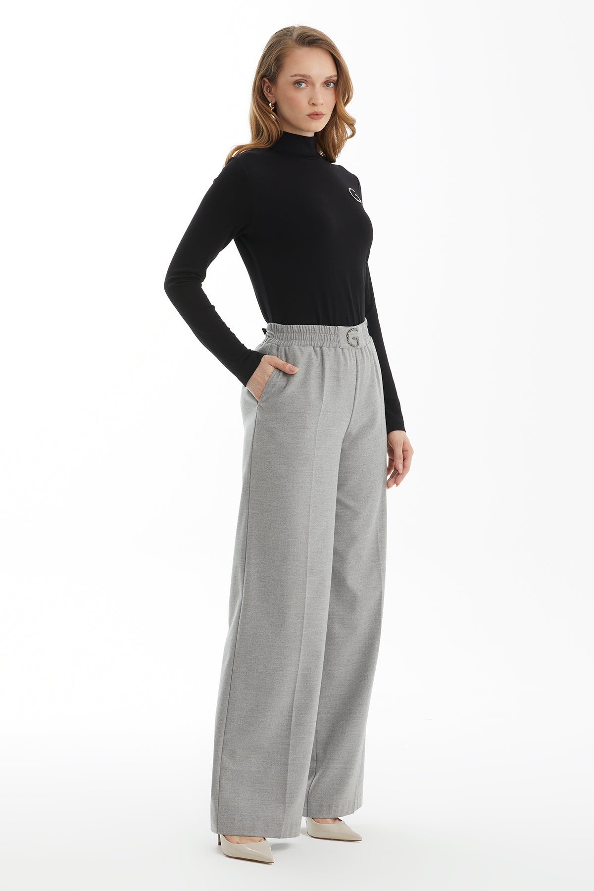 Grey Elastic Waist Trousers with G Embroidery
