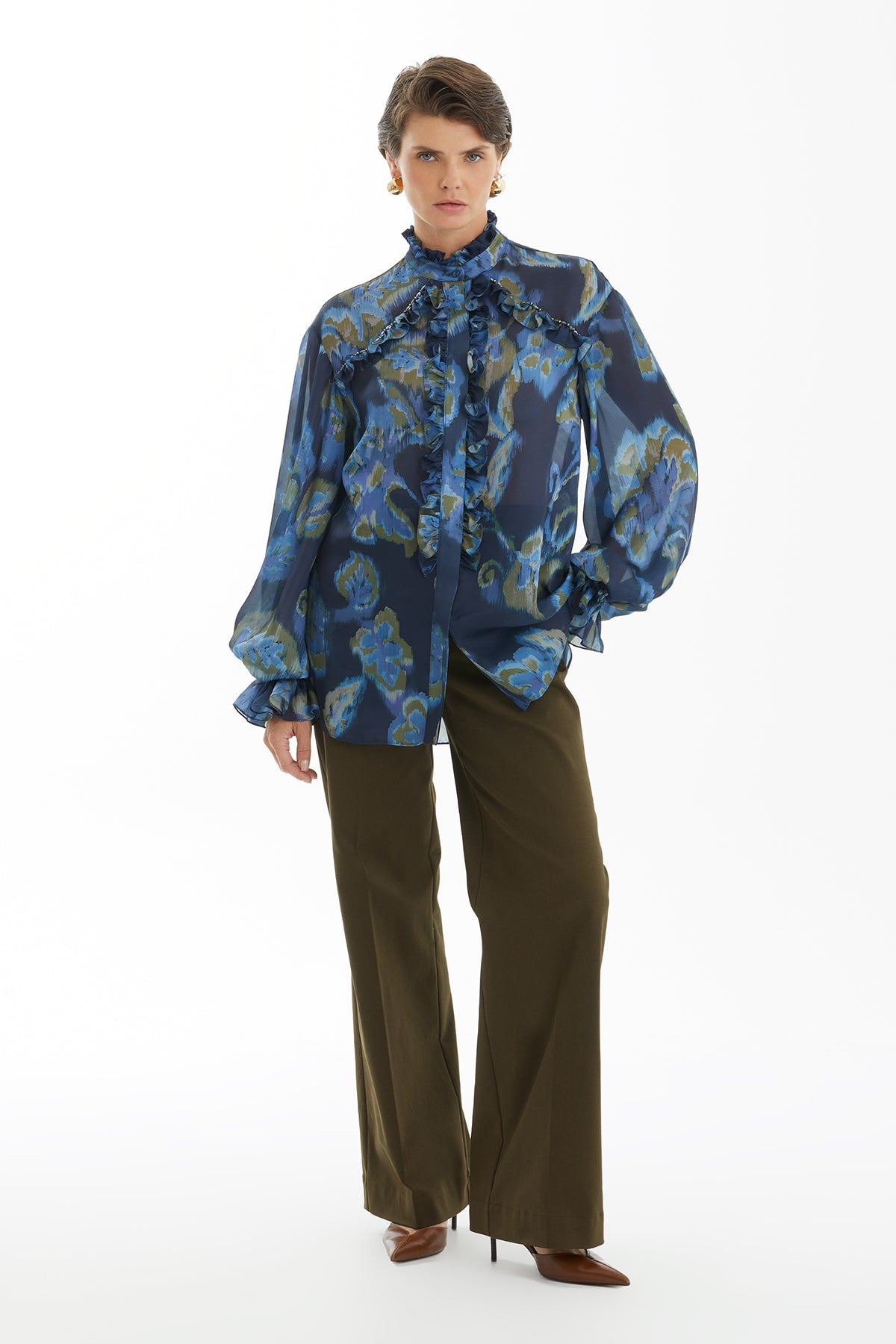 Ruffled Blouse with Crystal Embroidery