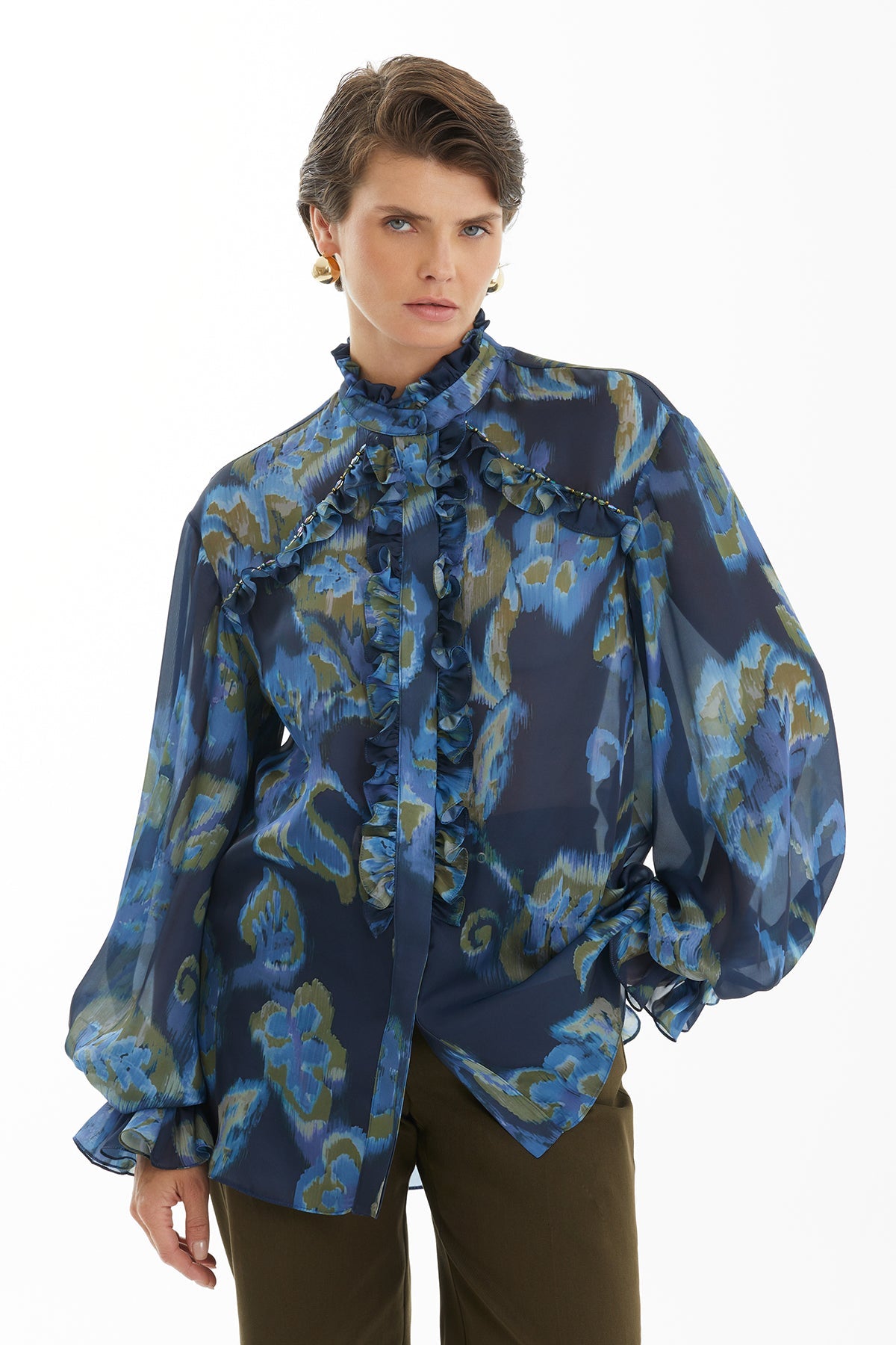 Ruffled Blouse with Crystal Embroidery