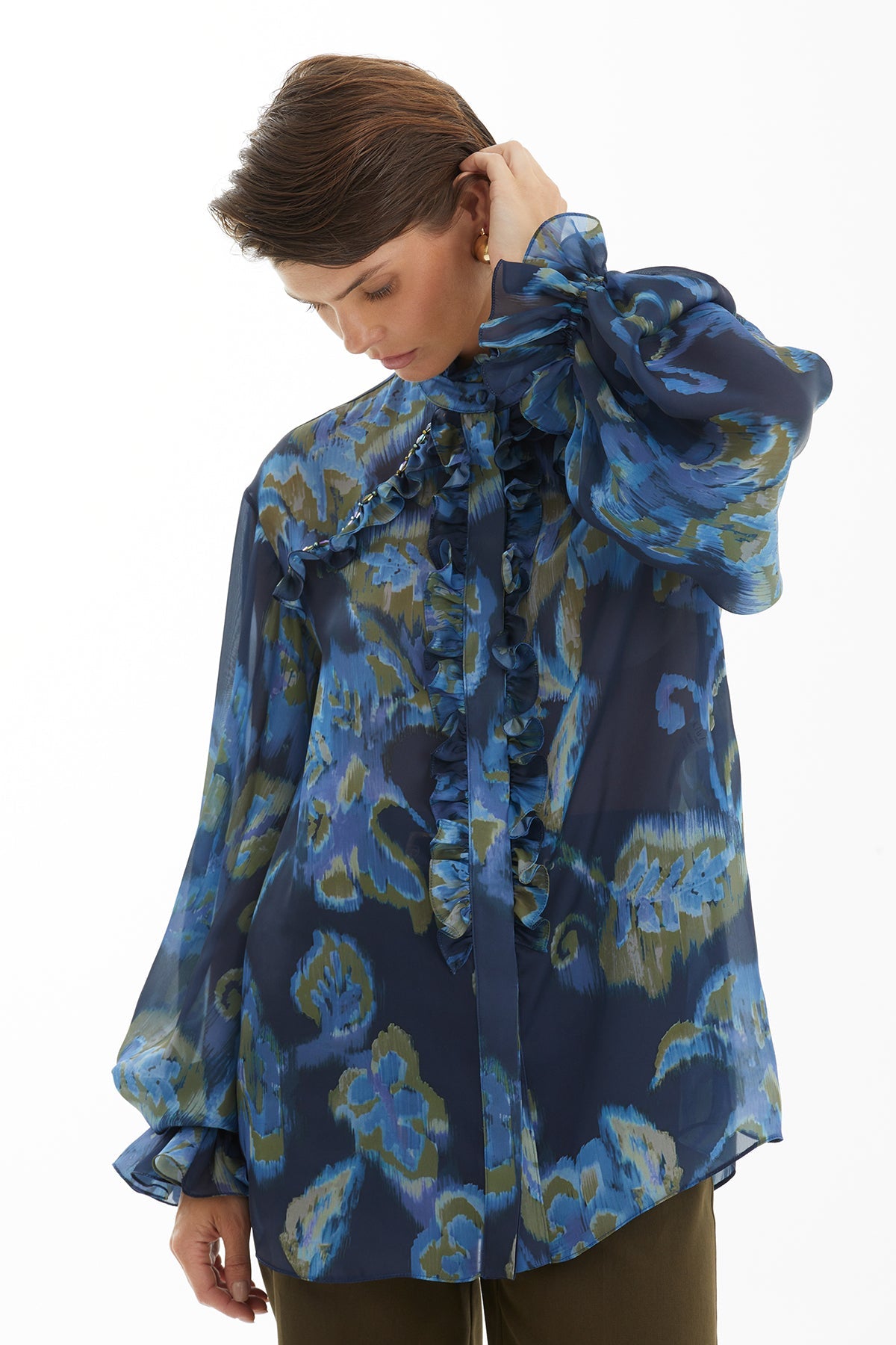 Ruffled Blouse with Crystal Embroidery