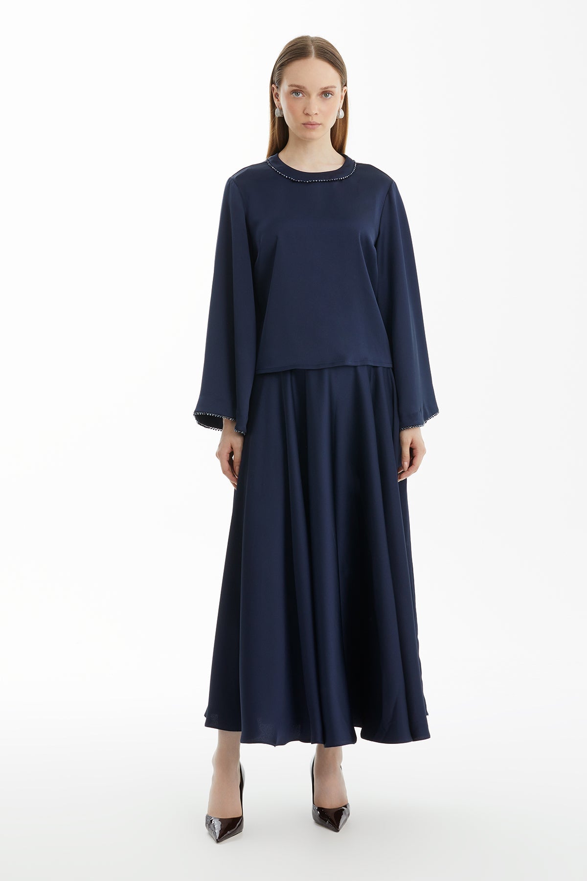 Navy Blouse with Bead Detail