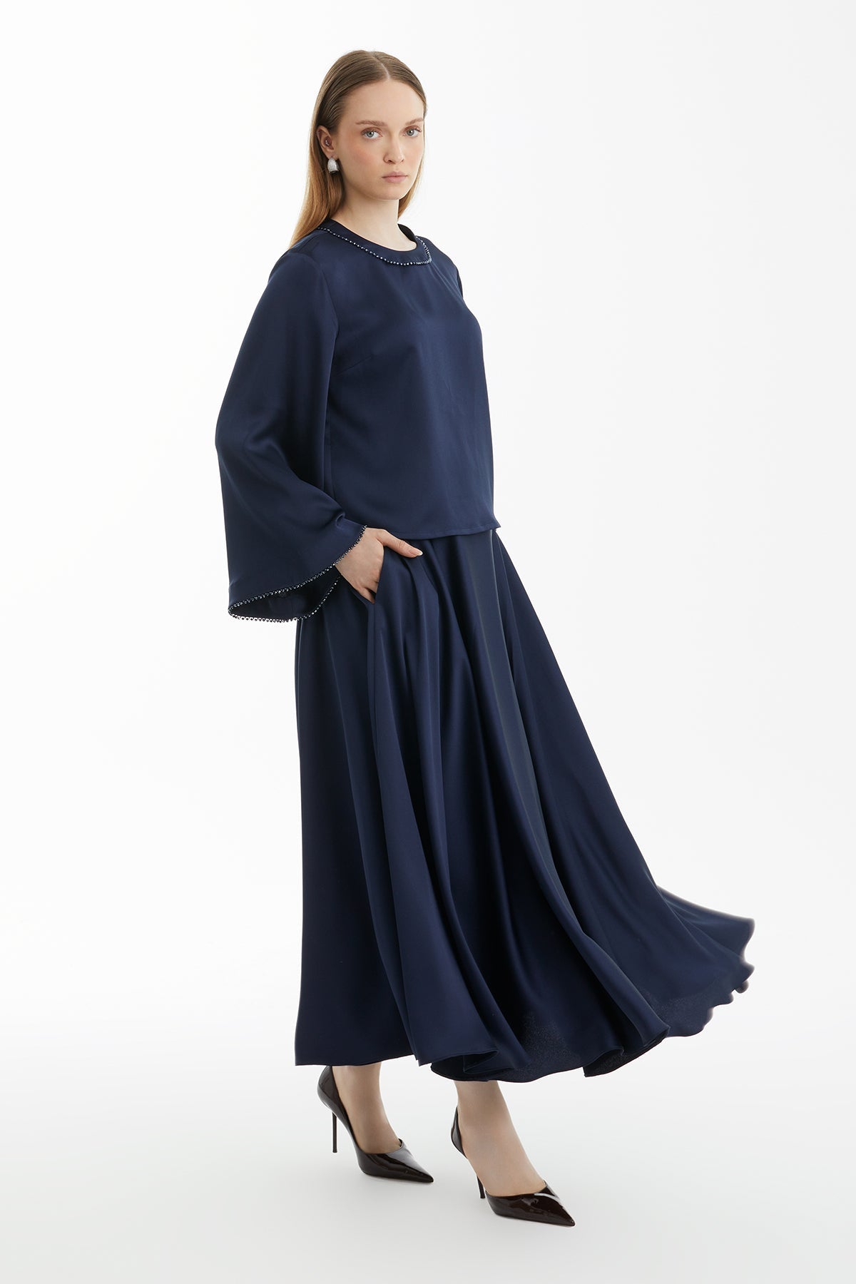 Navy Blouse with Bead Detail