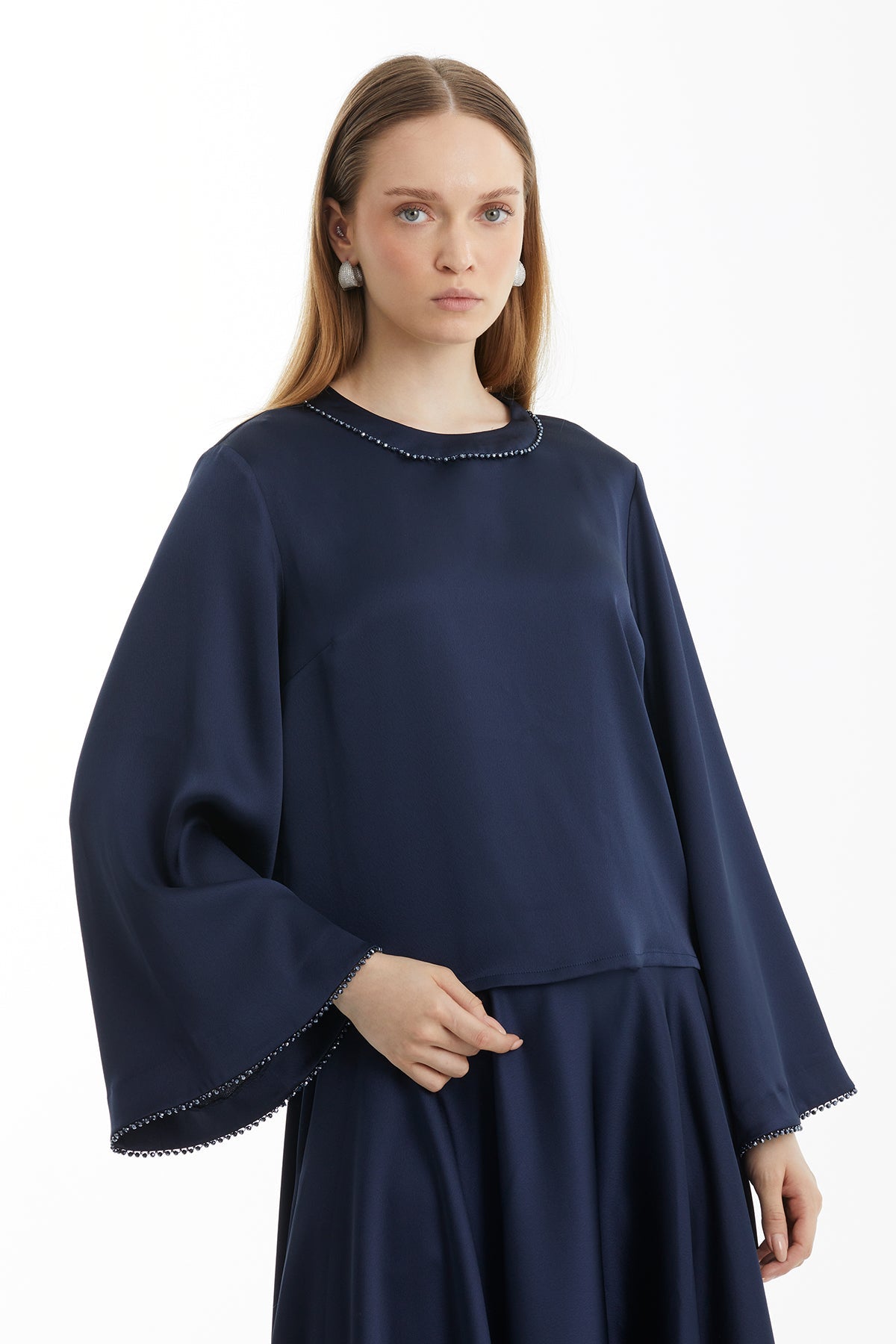 Navy Blouse with Bead Detail