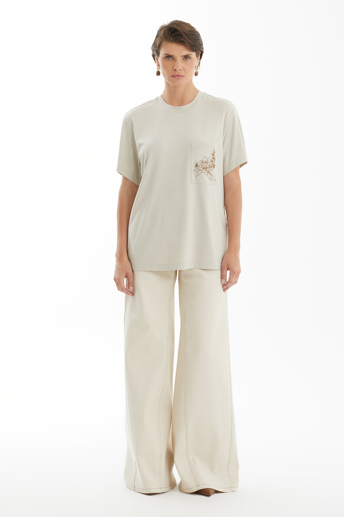 Beige T-Shirt with Floral Embroidery