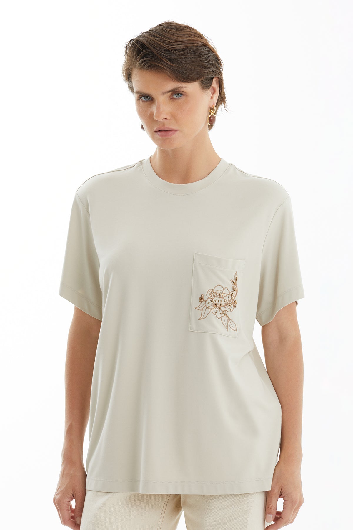 Beige T-Shirt with Floral Embroidery