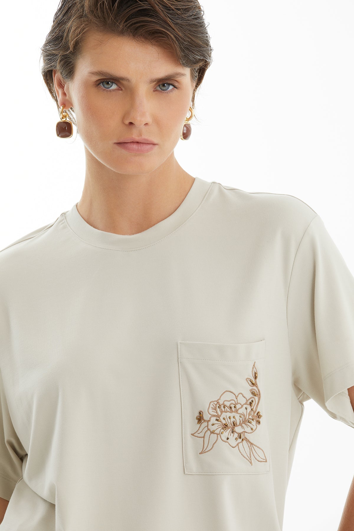 Beige T-Shirt with Floral Embroidery