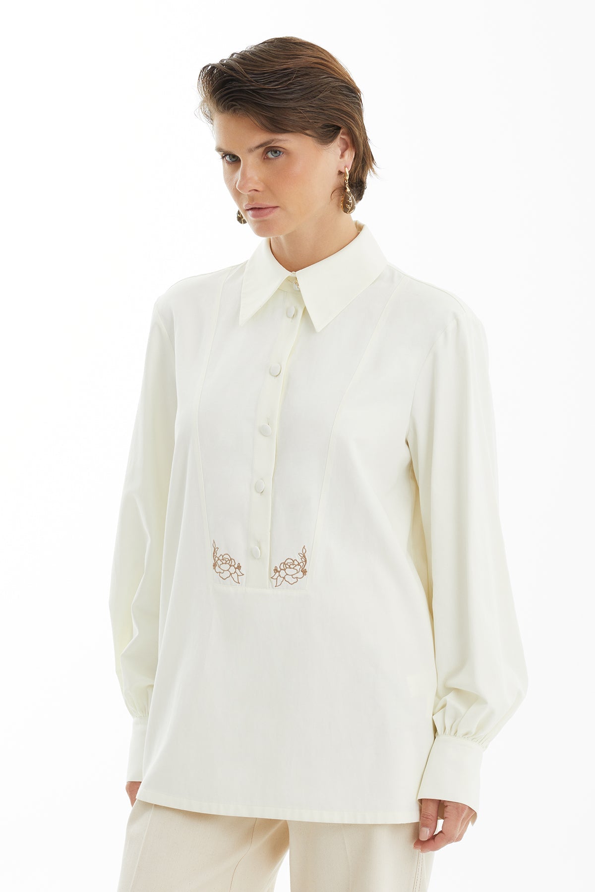 Ecru Shirt with Floral Embroidery