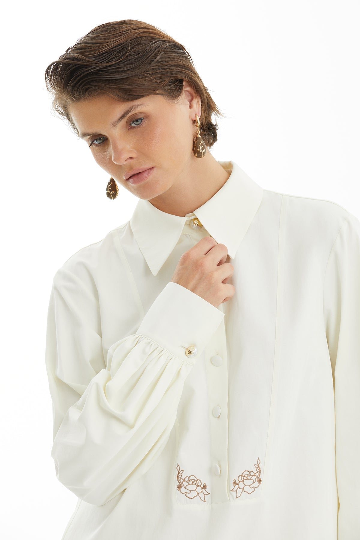 Ecru Shirt with Floral Embroidery