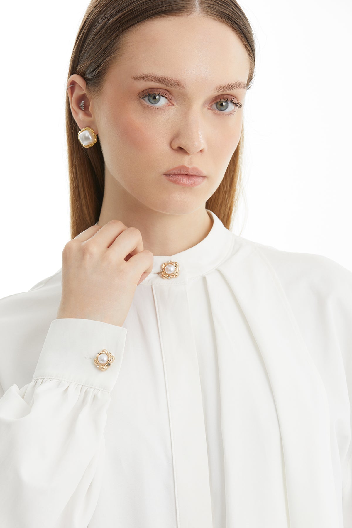 Ecru Shirt with Pleated Collar Detail