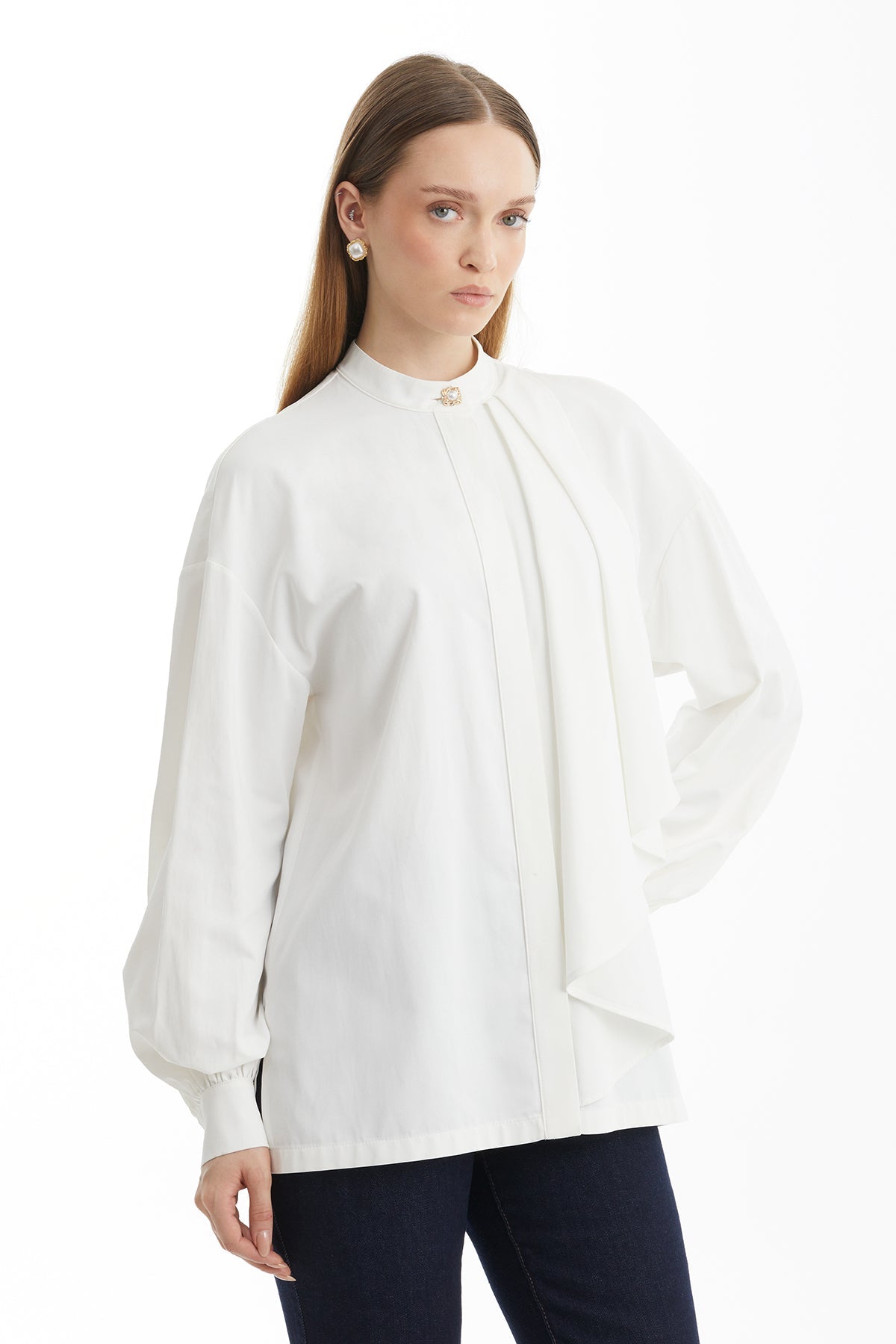 Ecru Shirt with Pleated Collar Detail