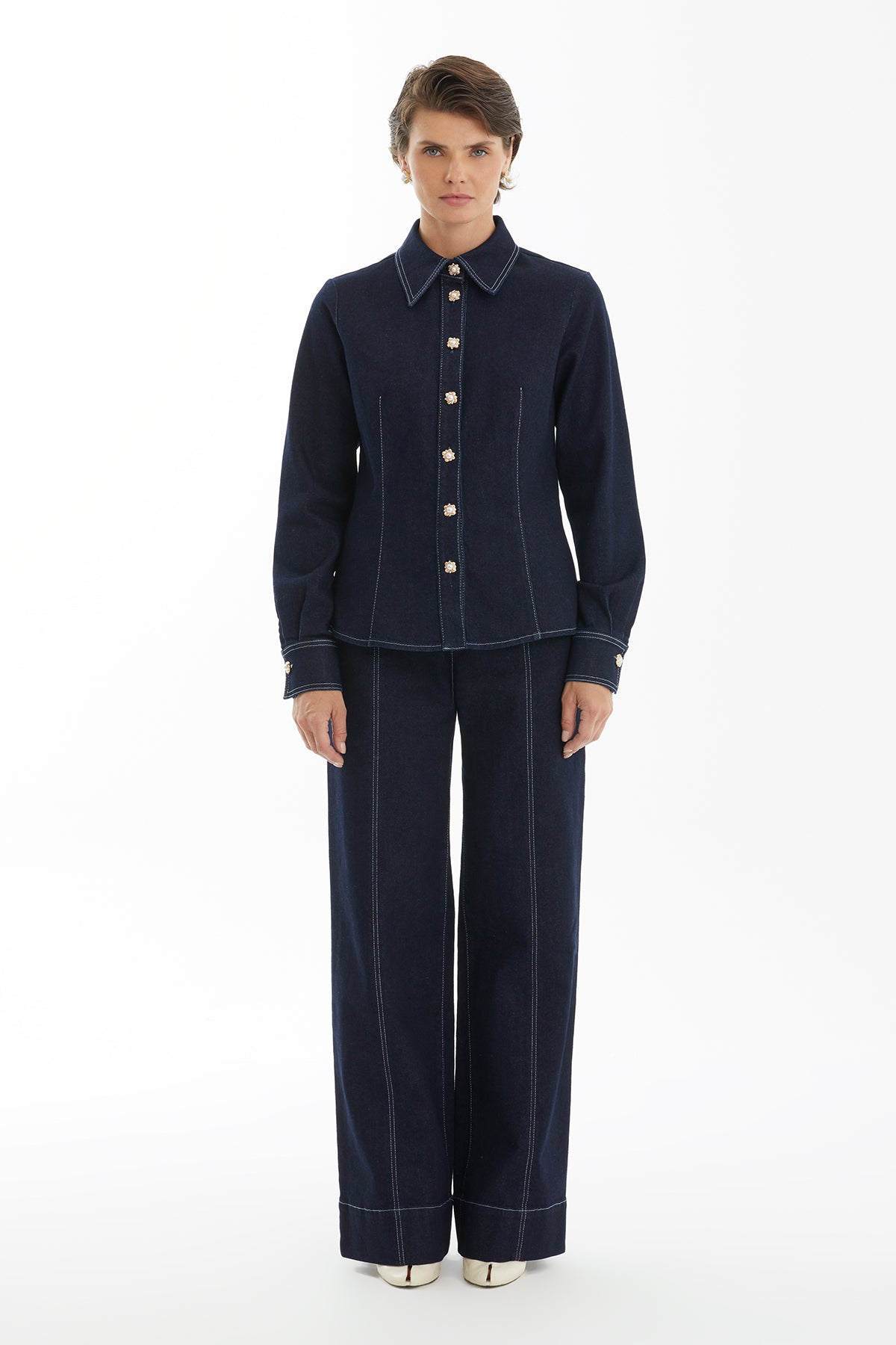 Dark Navy Denim Shirt with Contrast Stitching
