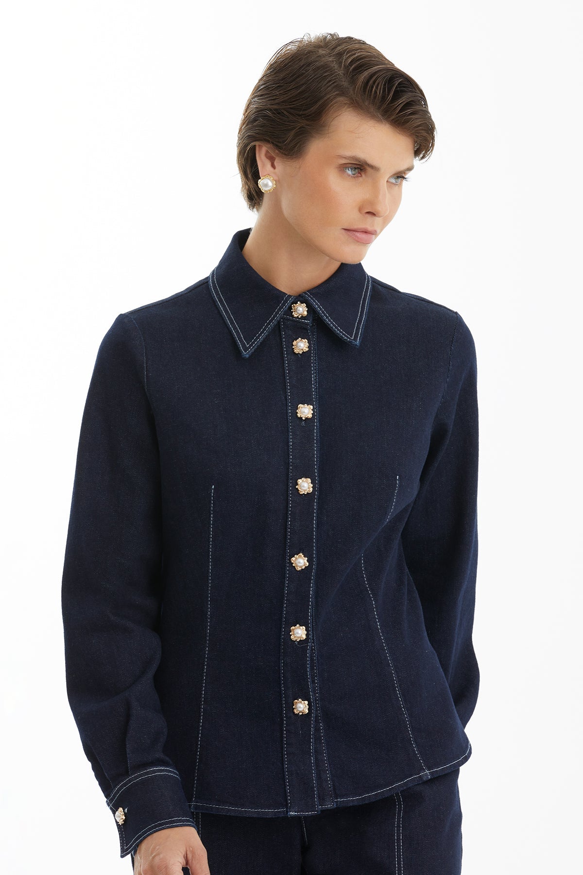 Dark Navy Denim Shirt with Contrast Stitching