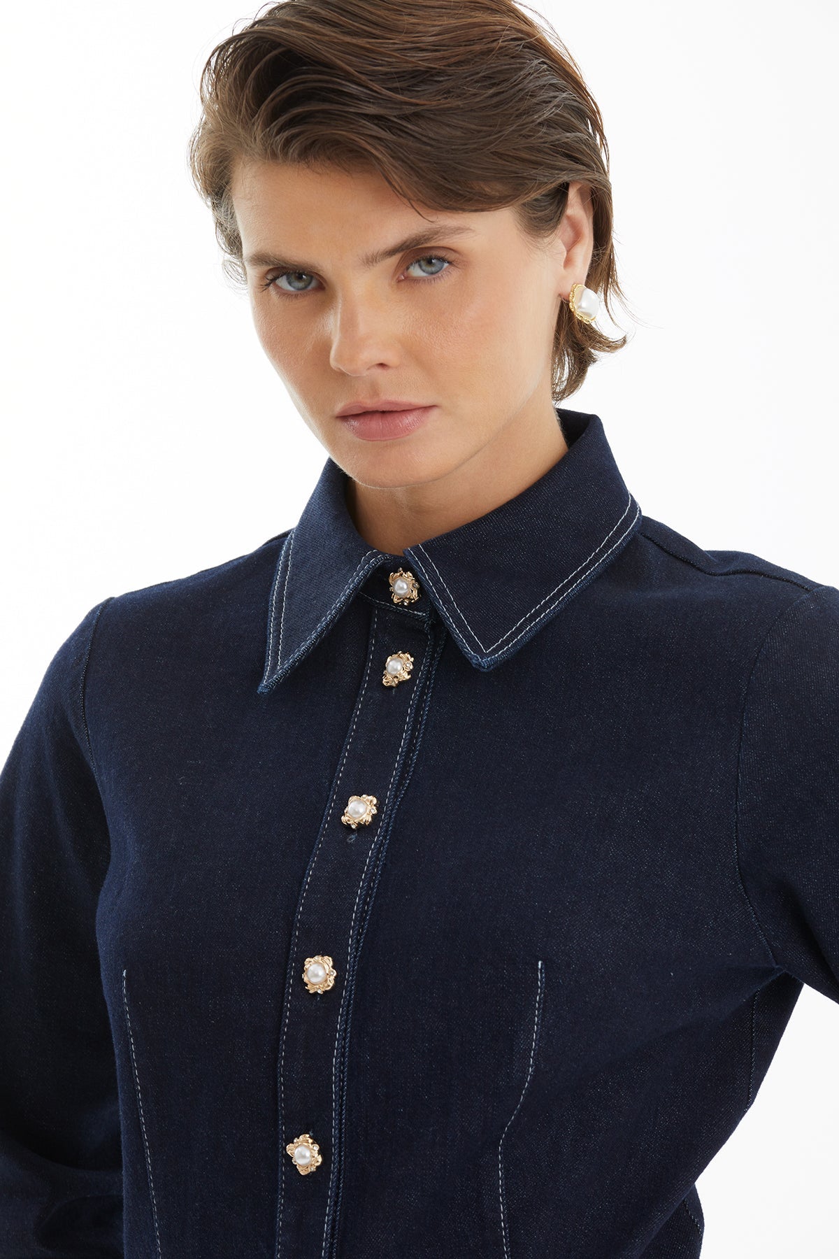 Dark Navy Denim Shirt with Contrast Stitching