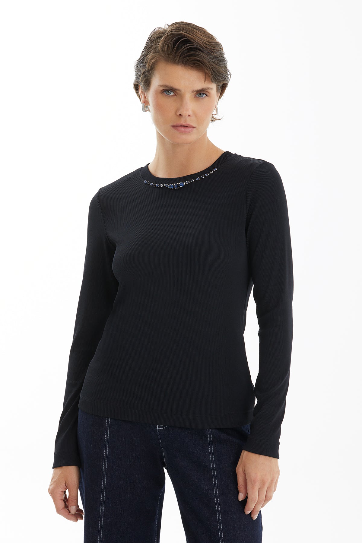 Black Blouse with Bead Embroidery Detail